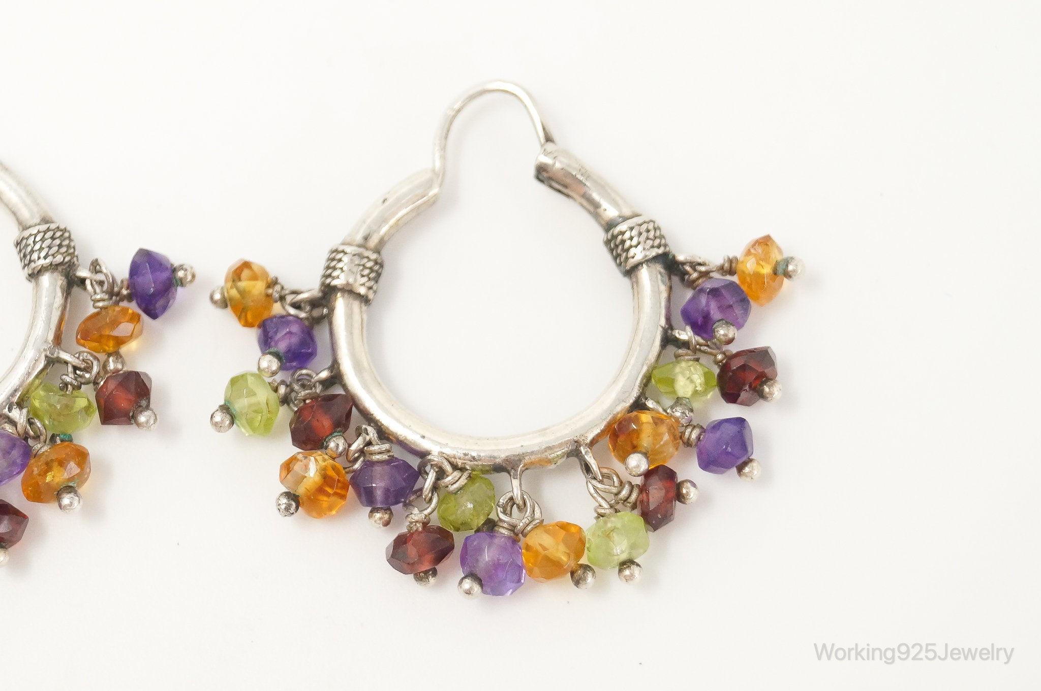 Vintage Multi Gemstone Beads Sterling Silver Hoop Earrings