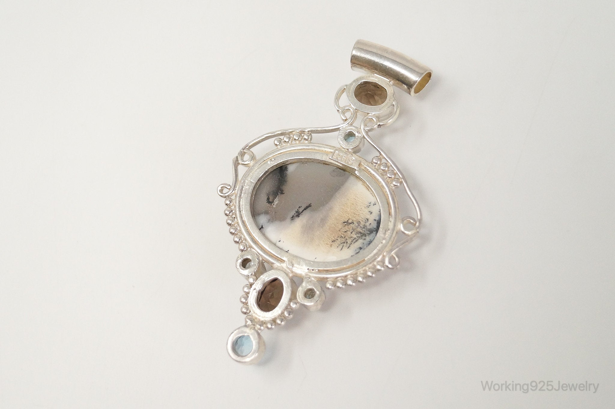 Large SAJEN Dendritic Agate Smoky Topaz Blue Topaz Sterling Silver Pendant