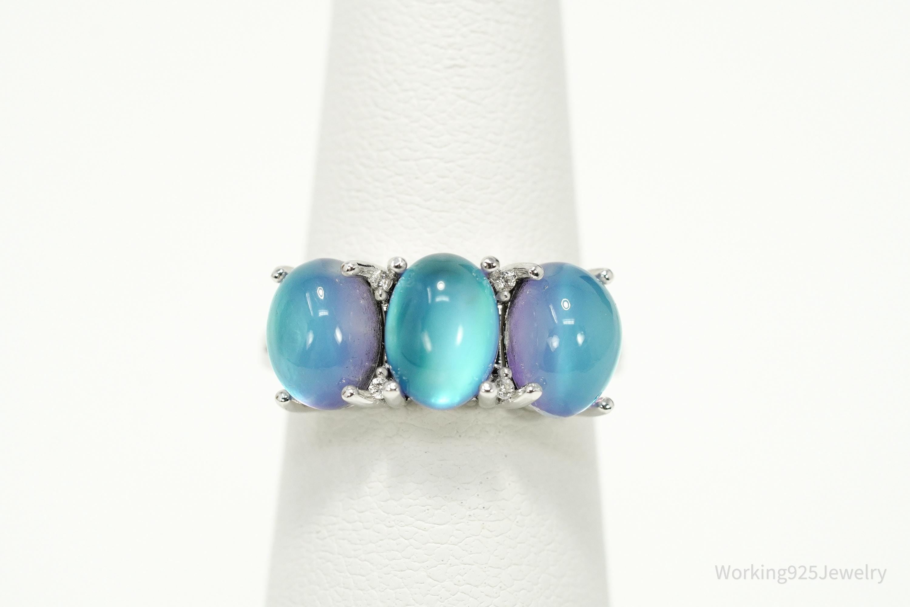 Vintage Y2K Aurora Moonstone & White Zircon Rhodium Over Sterling Silver Ring 5