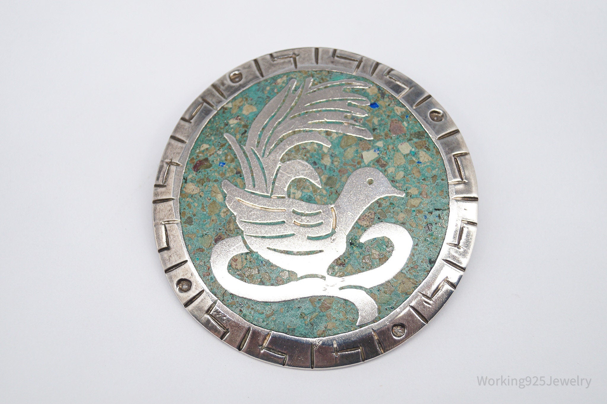 Vintage Large Mexico Gem Inlay Sterling Silver Brooch Pin Pendant 2"