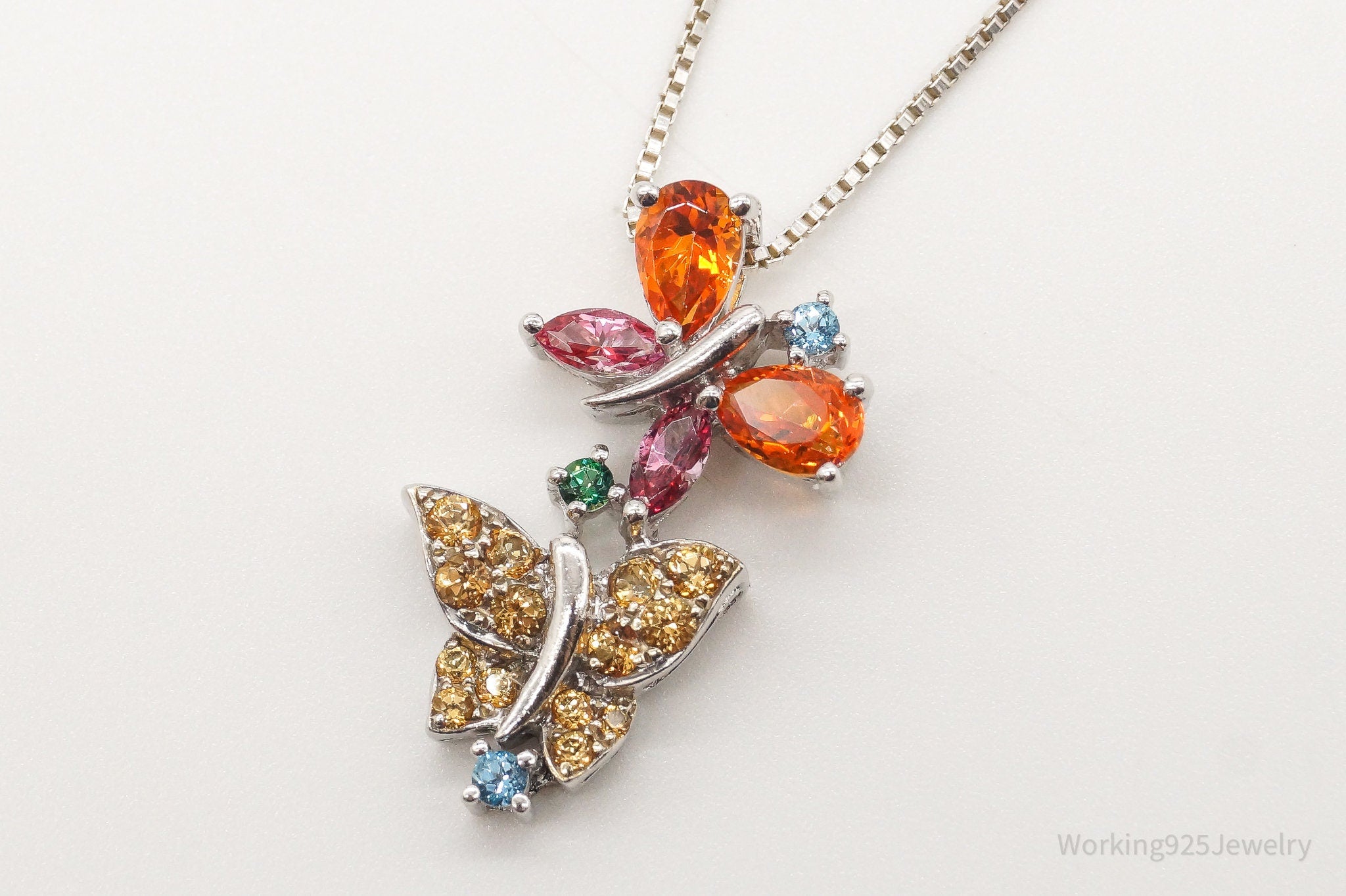 Vintage Multiple Gemstone Butterflies Sterling Silver Necklace