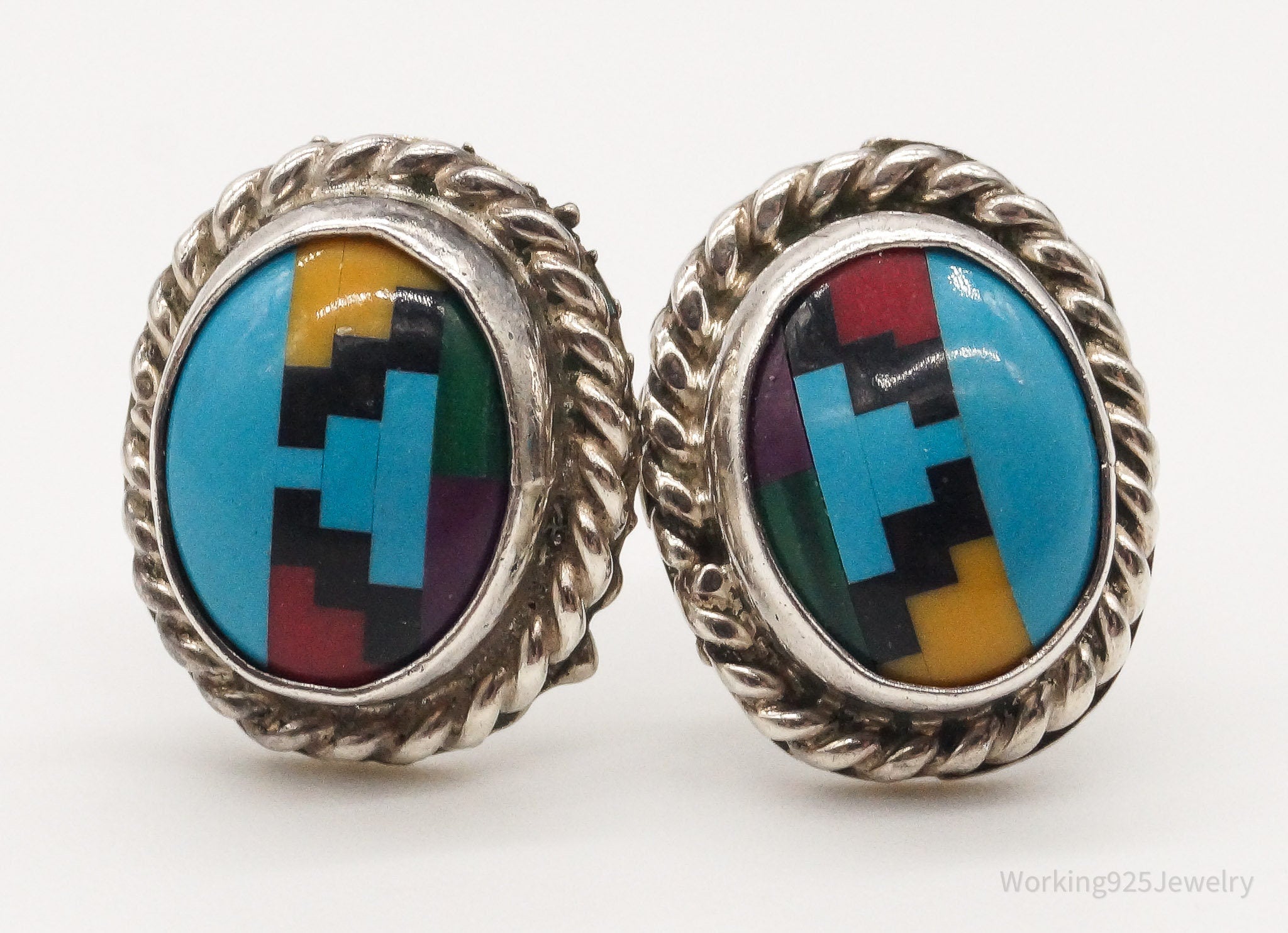 Vintage Zuni Sensa Eustace Multi Gemstone Sterling Silver Earrings