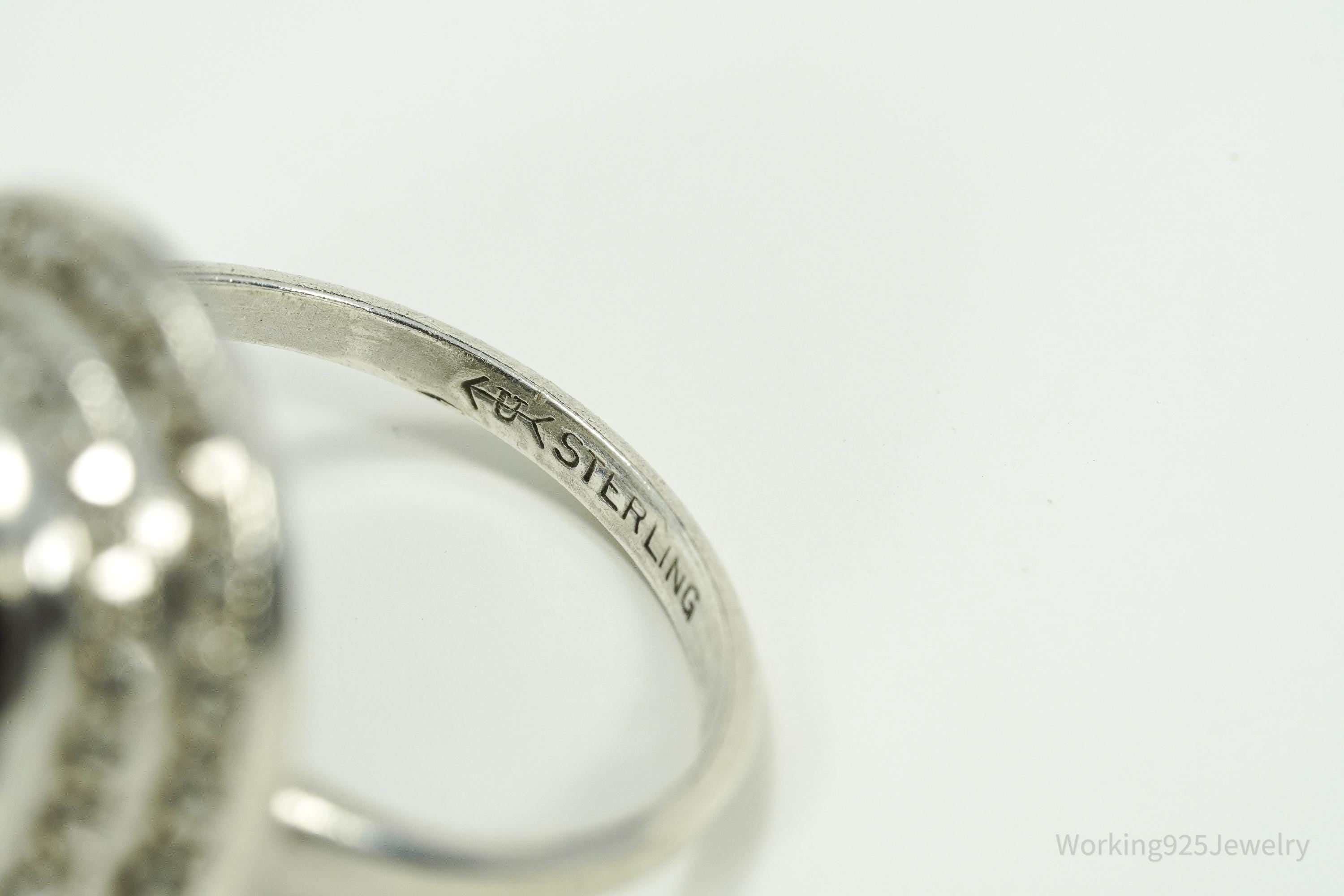 Antique Uncas MFG CO Hematite & Marcasite Sterling Silver Ring Size 6.75