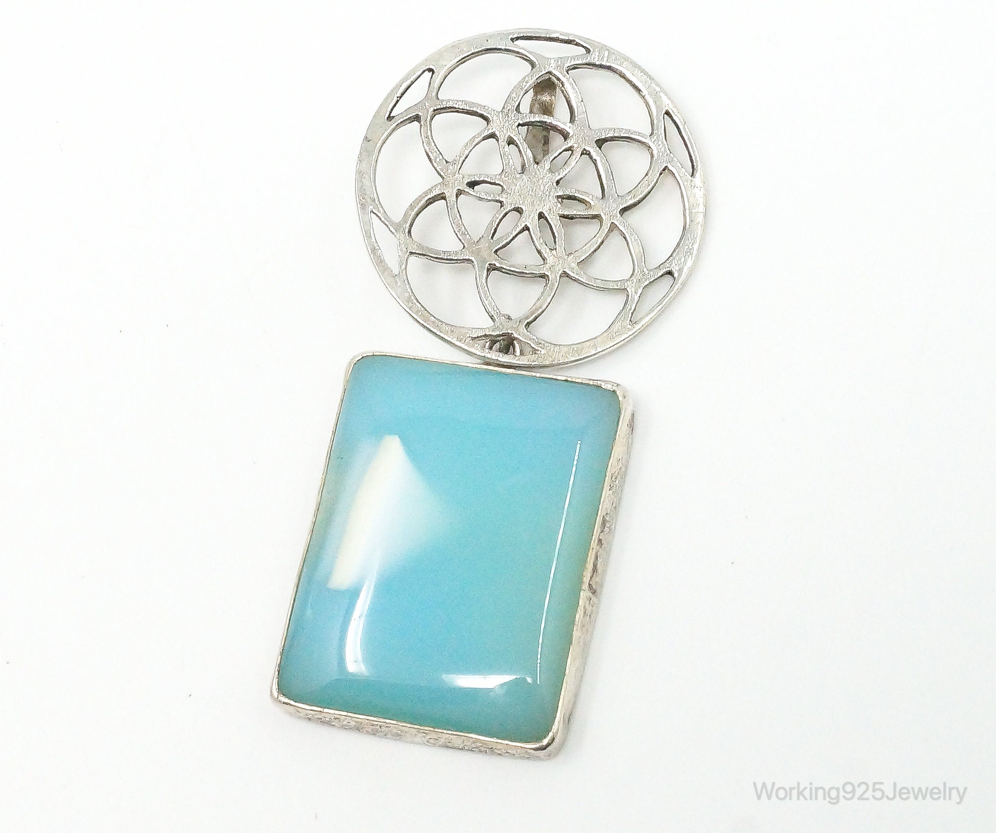 Vintage Large Blue Chalcedony Sterling Silver Necklace Pendant