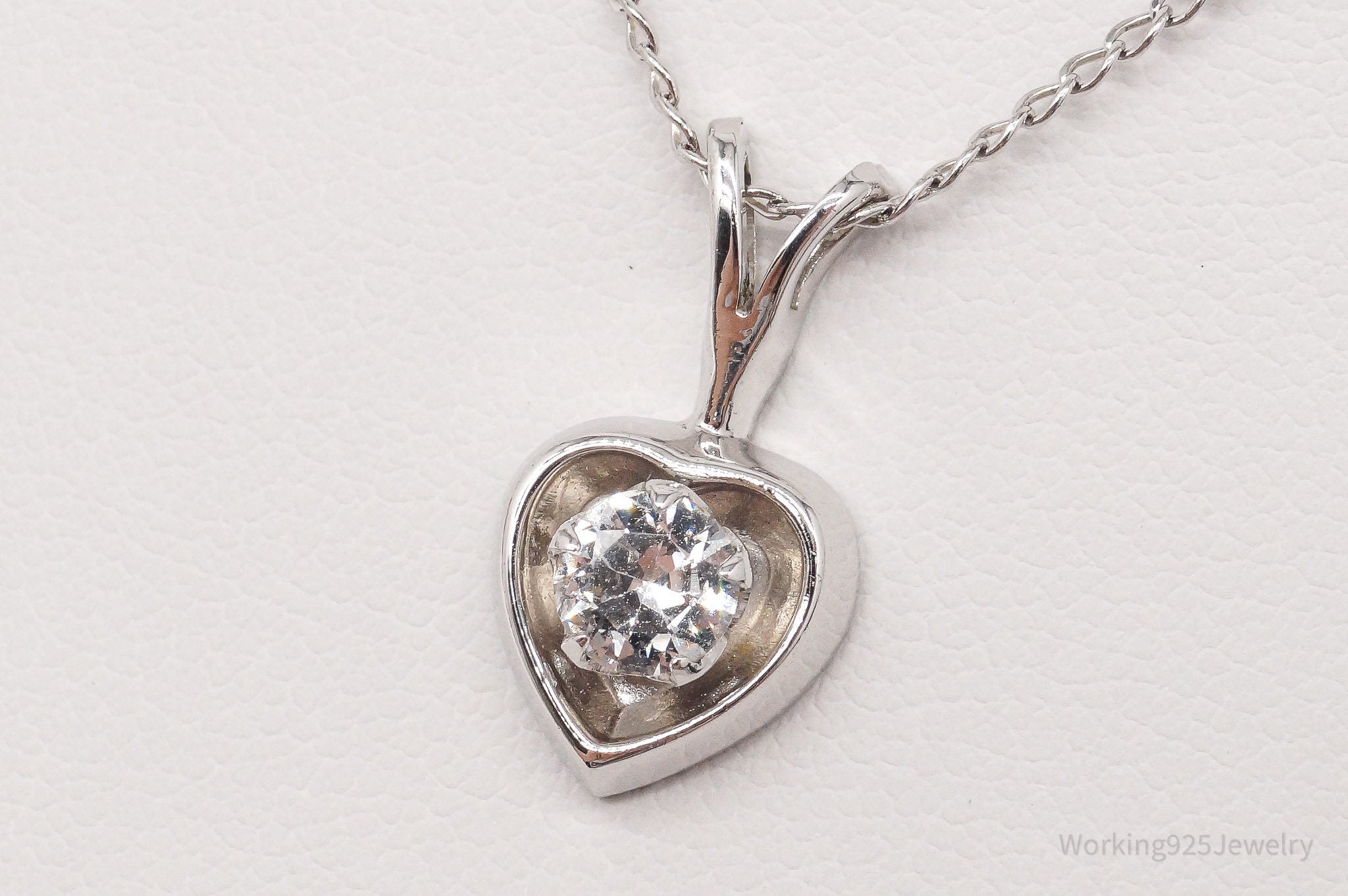 Vintage 1960s White Topaz Heart Sterling Silver Necklace 18"