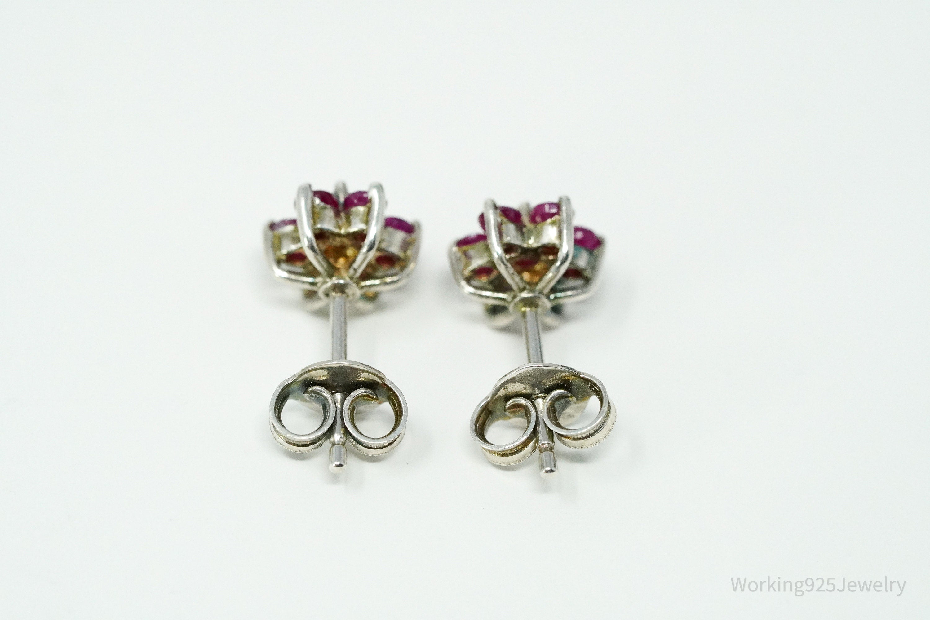 Vintage Ruby Flower Silver Earrings