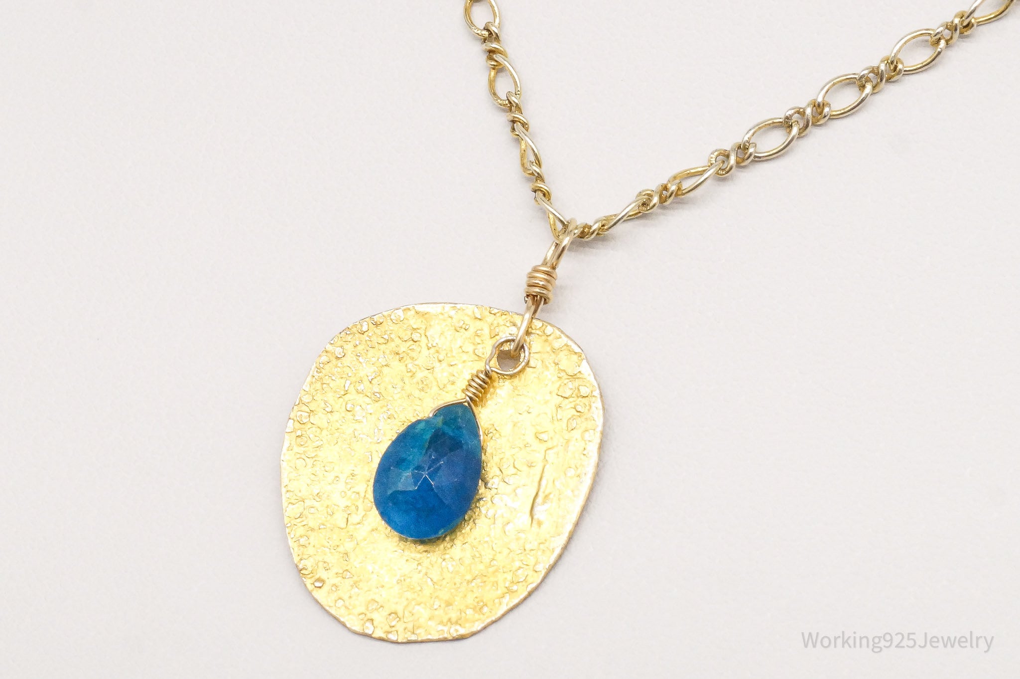 Vintage Blue Stone Hammered Style Gold Vermeil Sterling Silver Necklace 18"