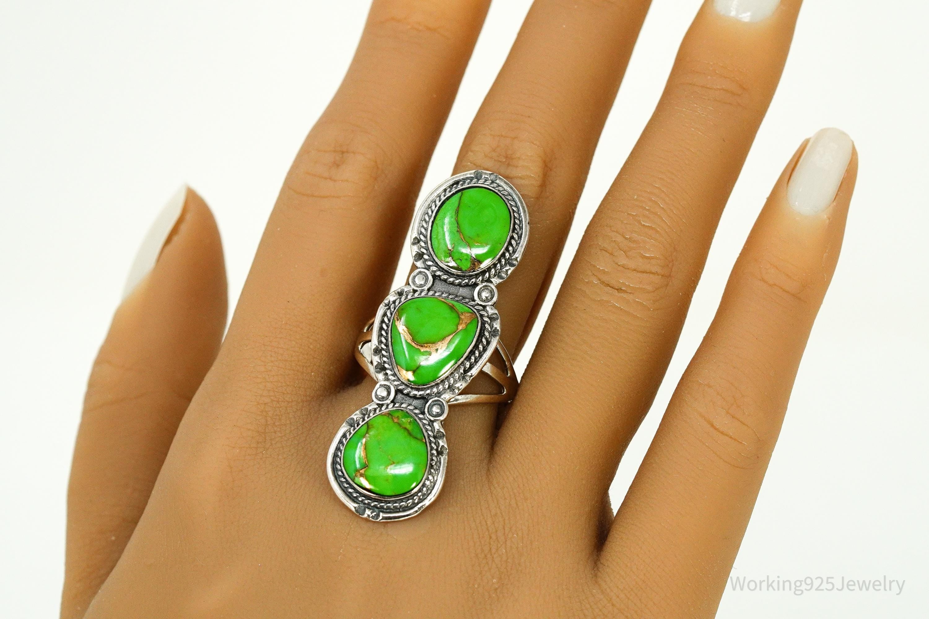 Vintage Green Copper Turquoise Sterling Silver Ring - Size 11.5