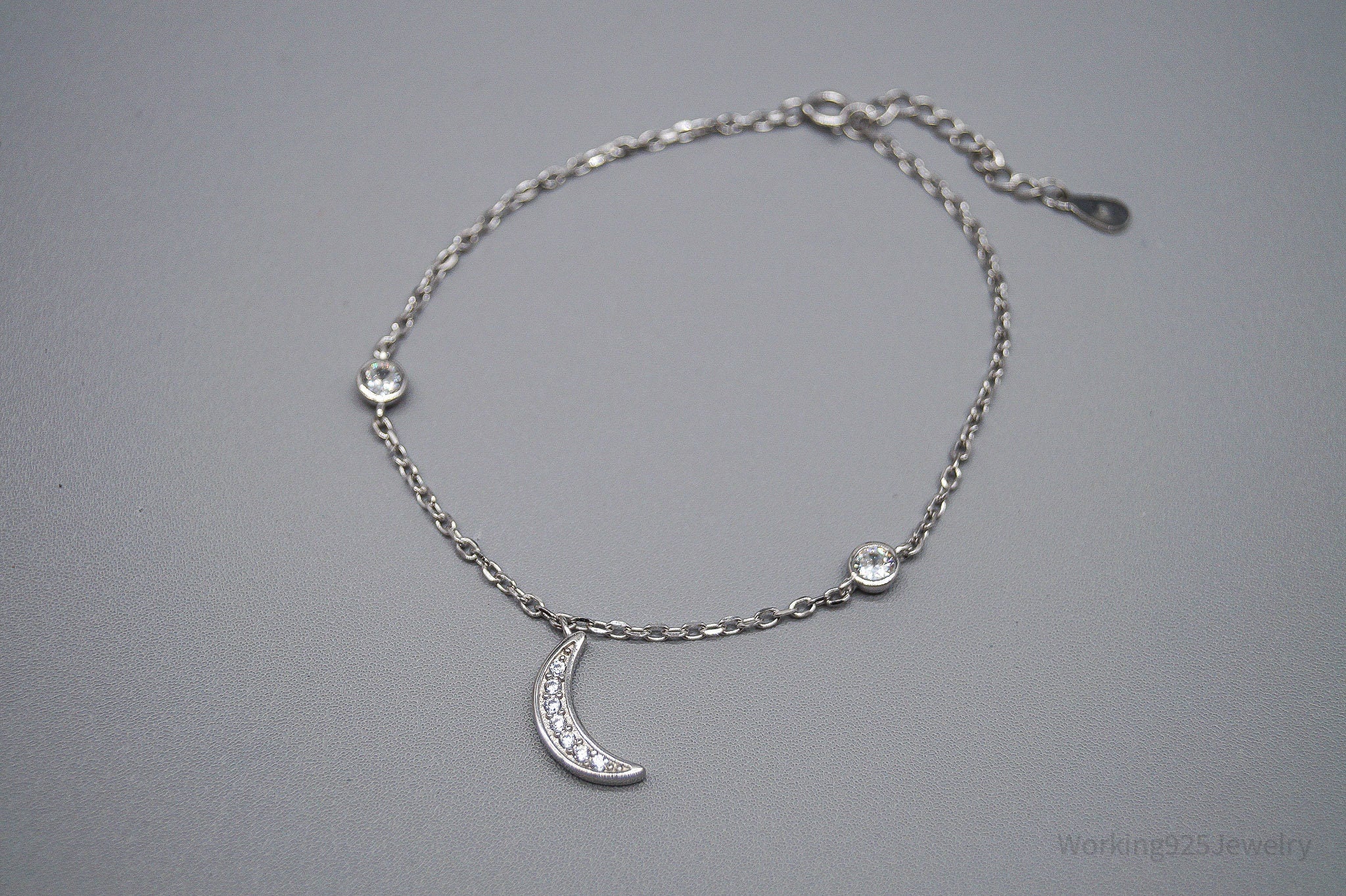 Vintage Cubic Zirconia Moon Charm Sterling Silver Bracelet - 8.25"