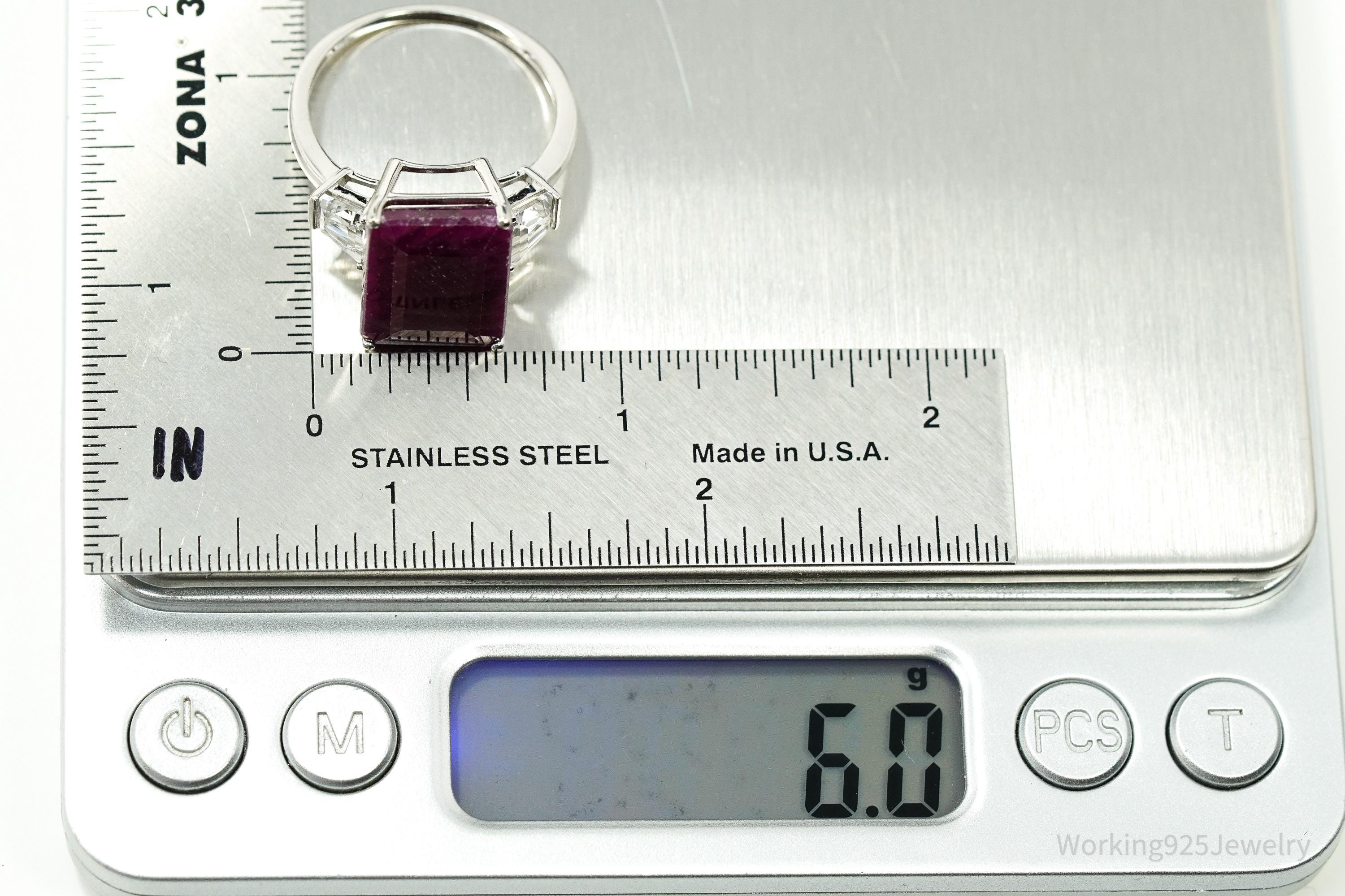 Vintage Ruby & White Topaz \ Sterling Silver Ring - Size 11