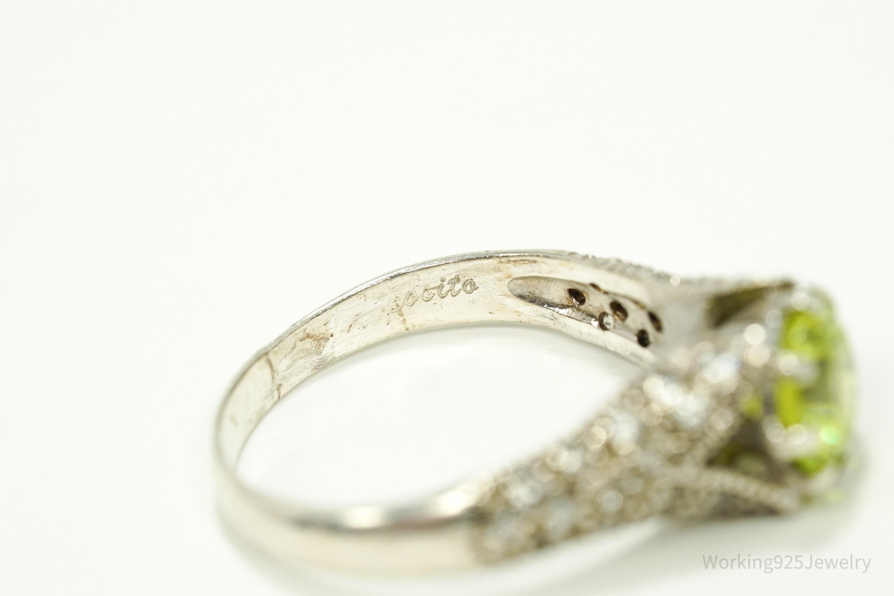 Vintage Espo Green & White Cubic Zirconia Sterling Silver Ring - Size 9