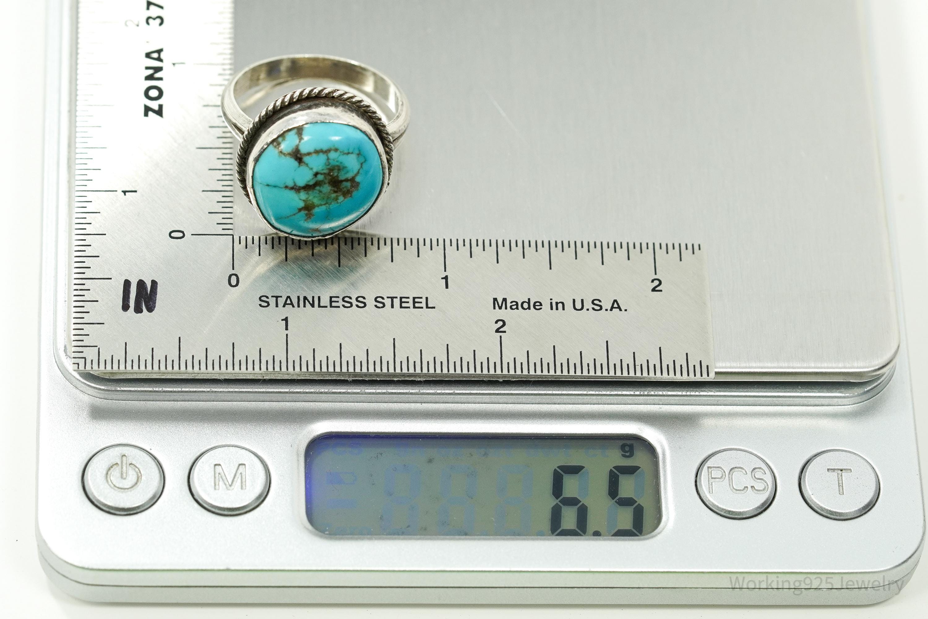 Vintage Handmade Native American Turquoise Unsigned Silver Ring - Size 10.25