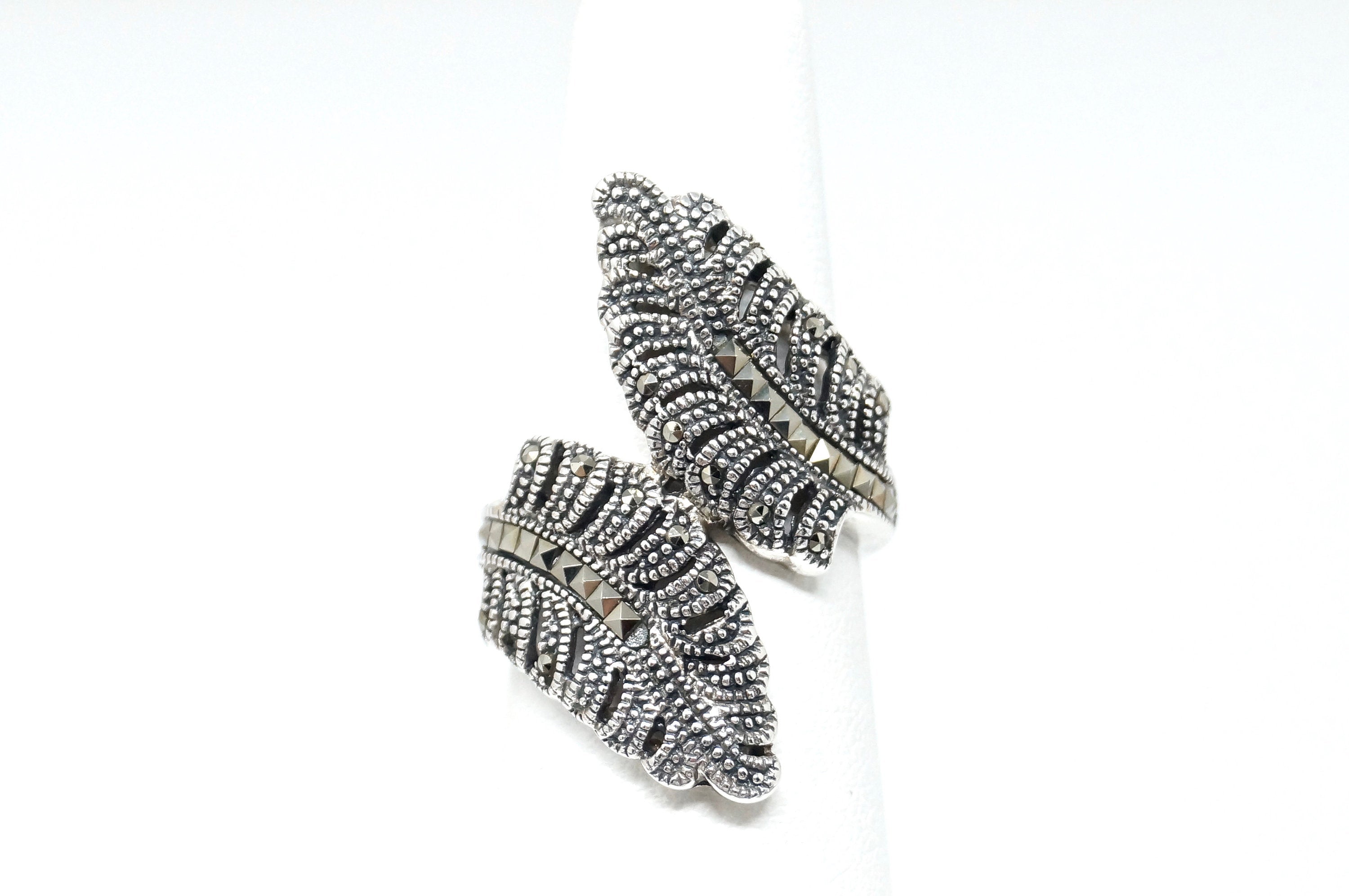 Vintage Marcasite Large Leaf Floral Wrap Sterling Silver Statement Ring - Size 6