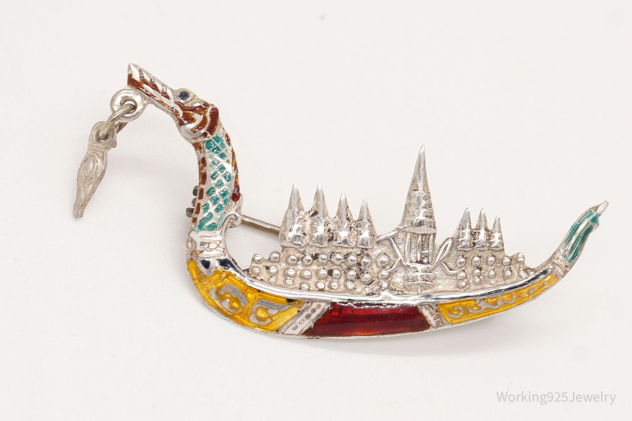 Vintage Siam Suphanahongse Viking Ship Enamel Sterling Silver Brooch