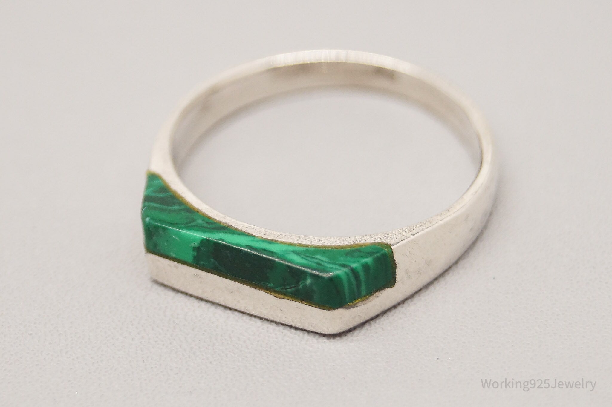 Vintage Malachite Modernist Style Sterling Silver Ring - Size 7.5