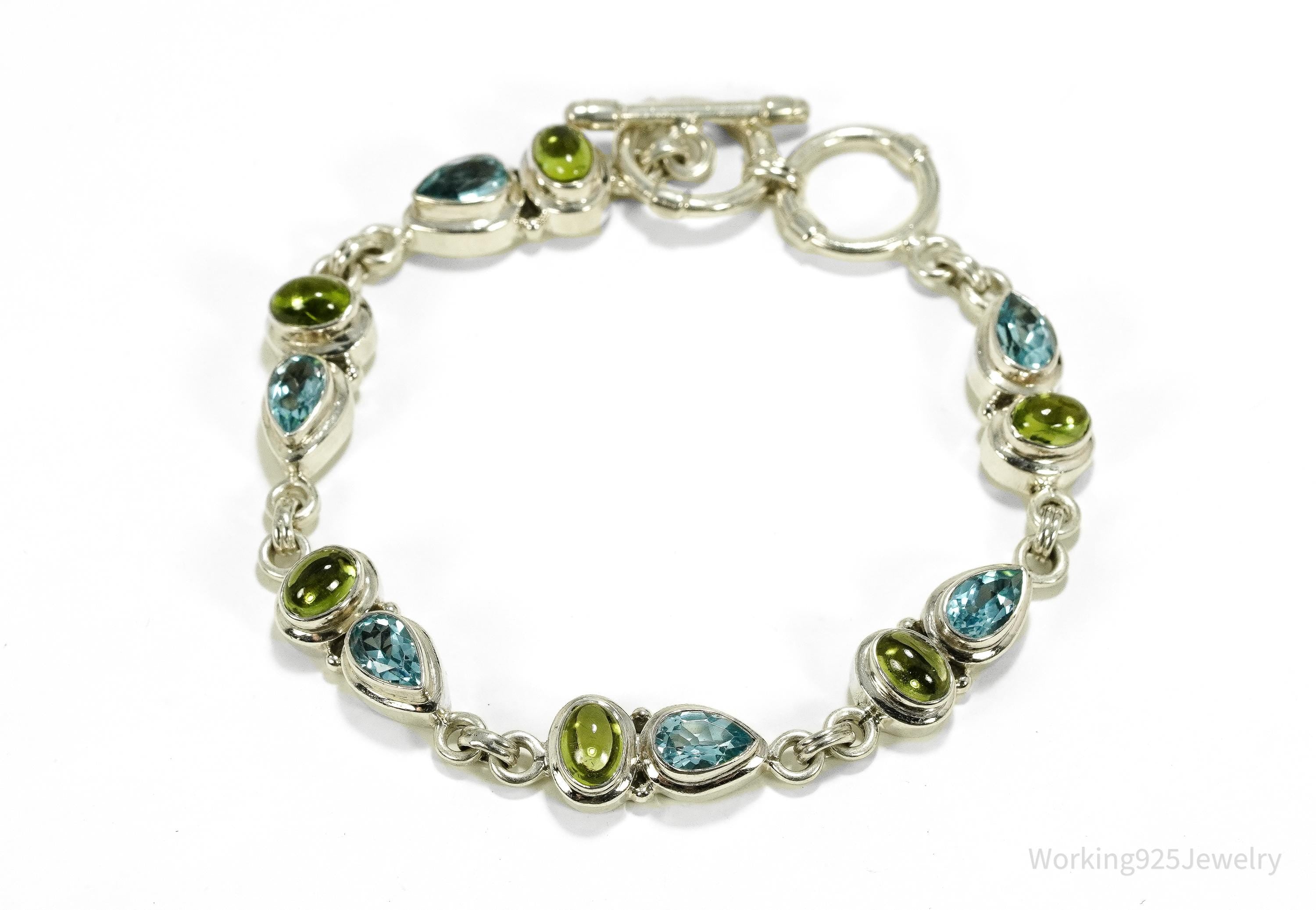 Vintage Blue Topaz & Peridot Sterling Silver Toggle Bracelet 8 1/8"