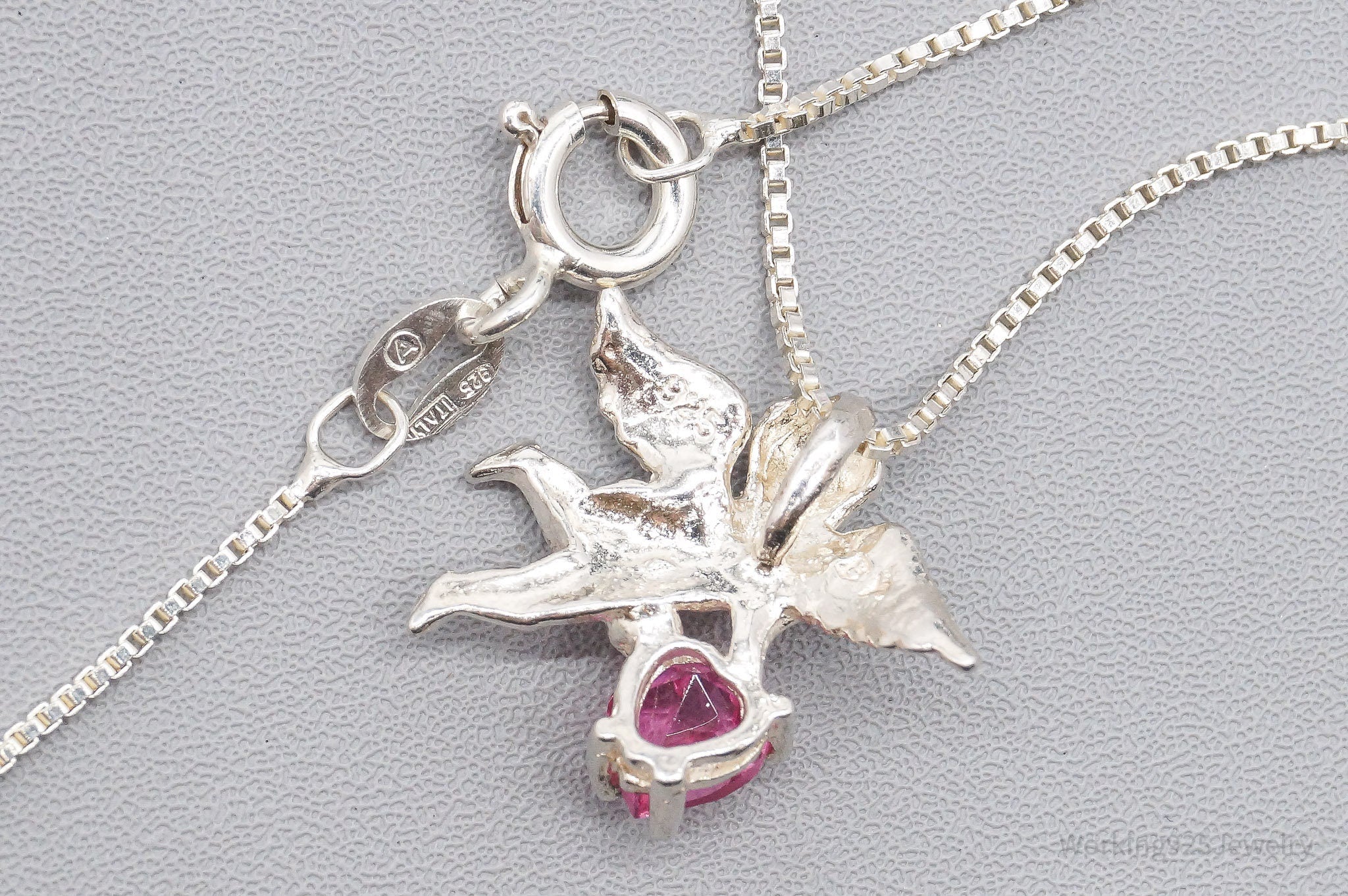 Vintage Angel Cherub Pink Gemstone Sterling Silver Necklace 18"