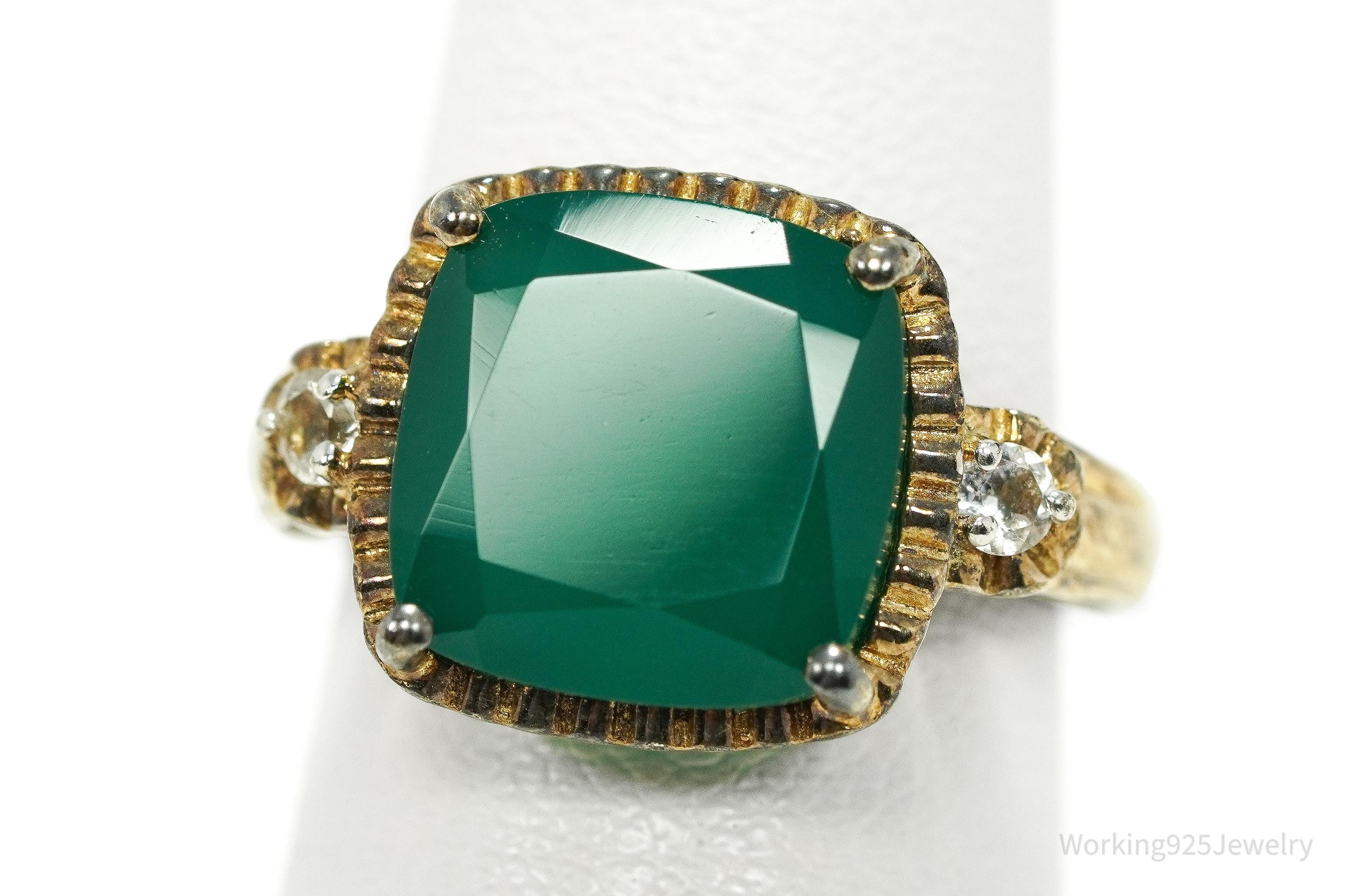 Vintage Green Onyx & Cubic Zirconia Gold Vermeil Sterling Silver Ring - Size 5.25
