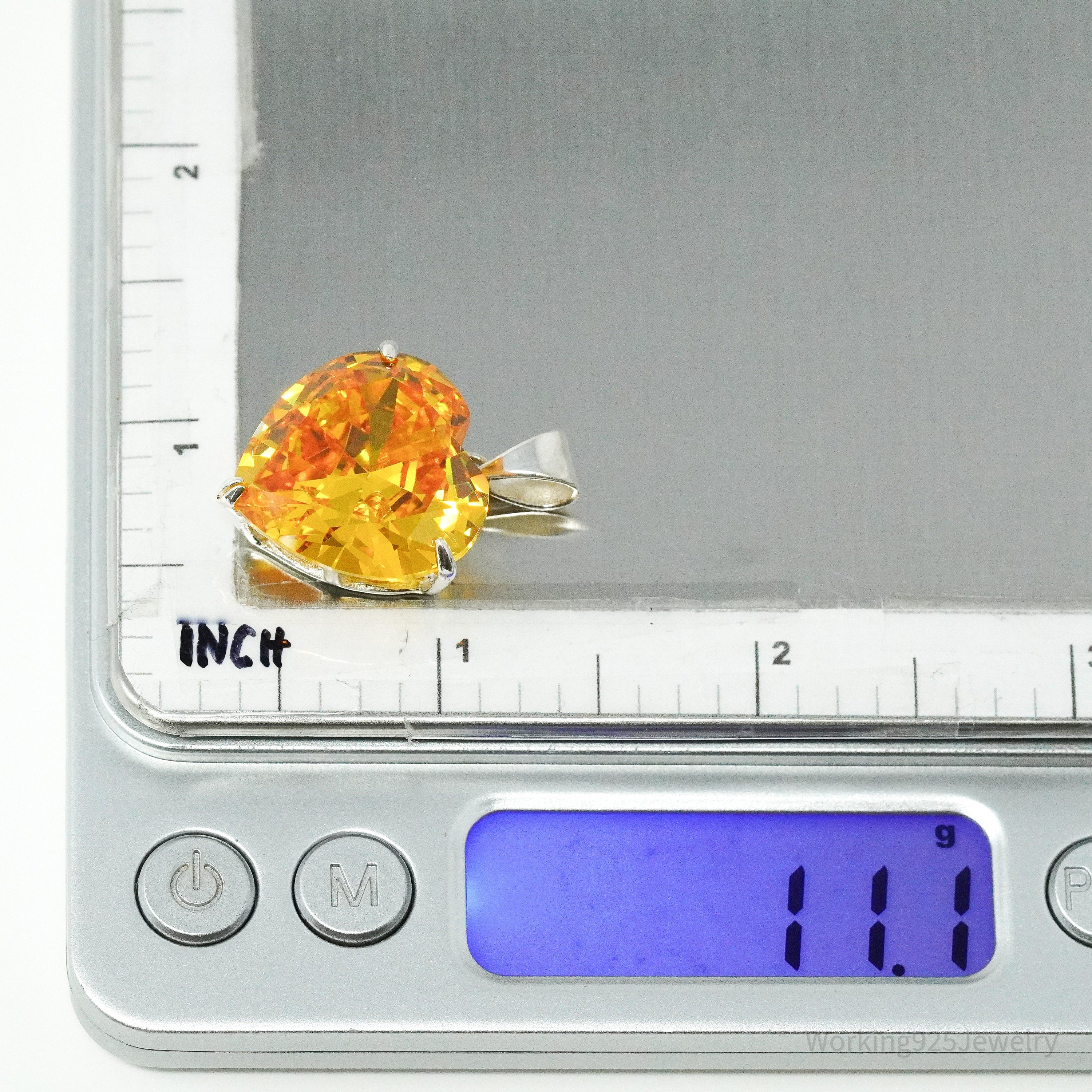 Vintage Large Citrine Heart Sterling Silver Necklace Pendant