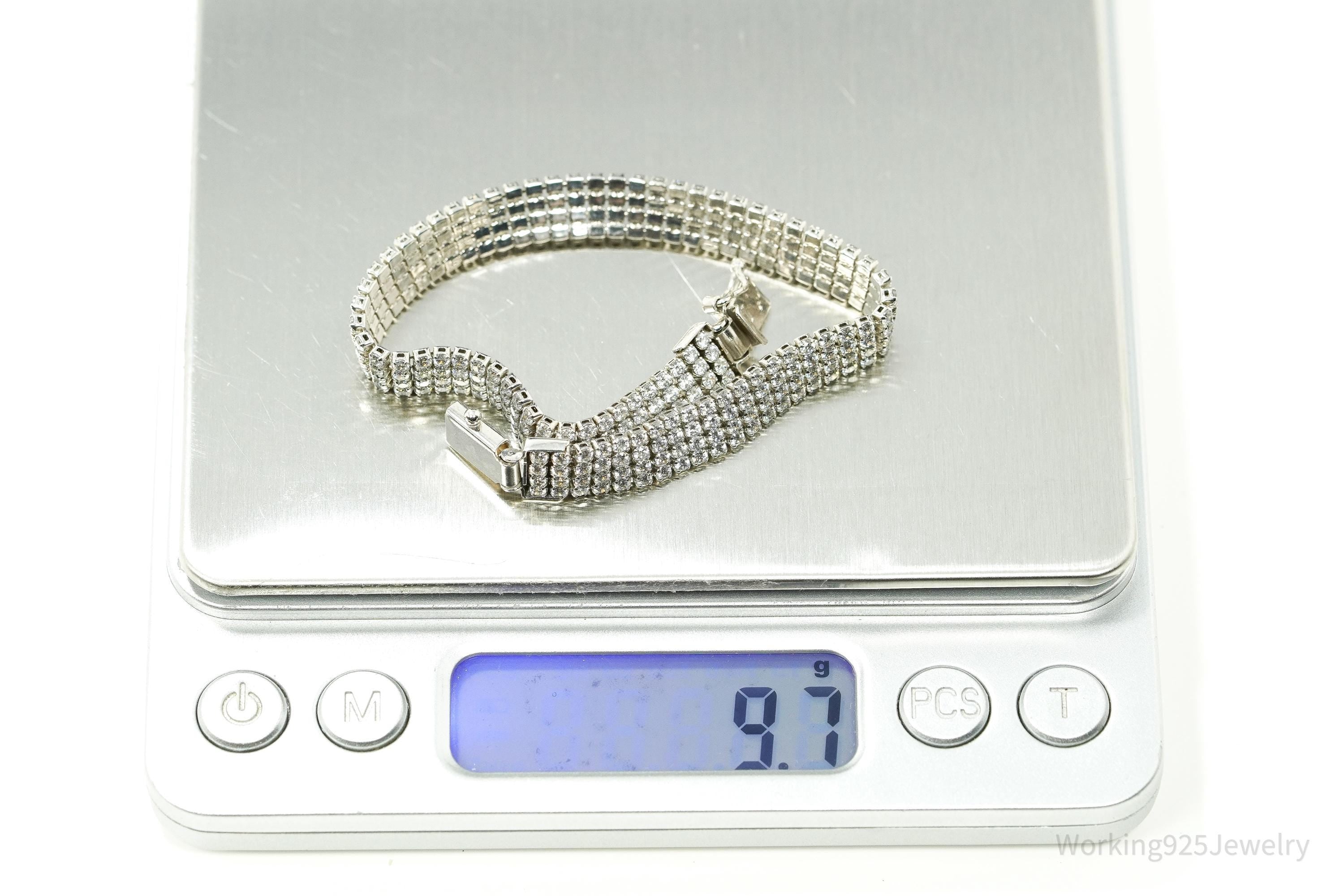 Vintage Cubic Zirconia Sterling Silver Mesh Style Bracelet - 7 1/8"