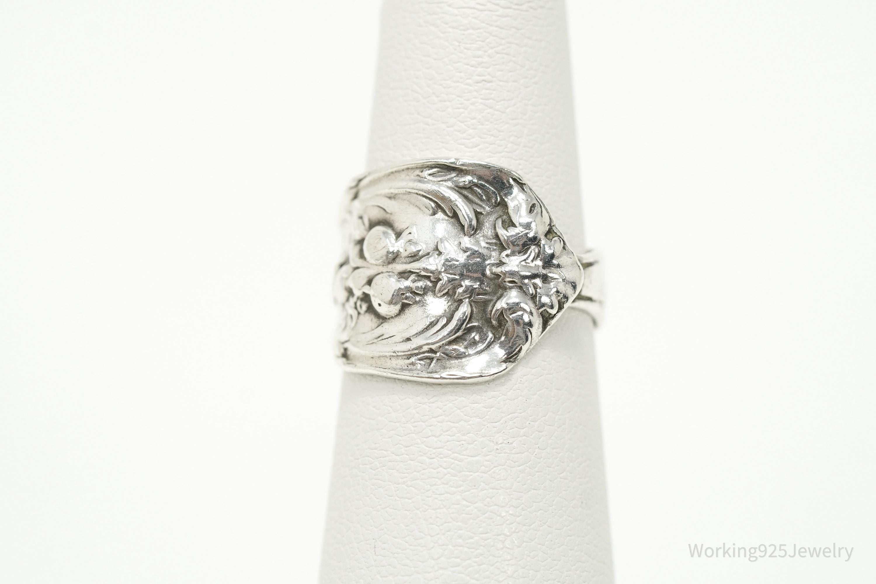 Antique Floral Sterling Silver Spoon Ring - Size 5.25