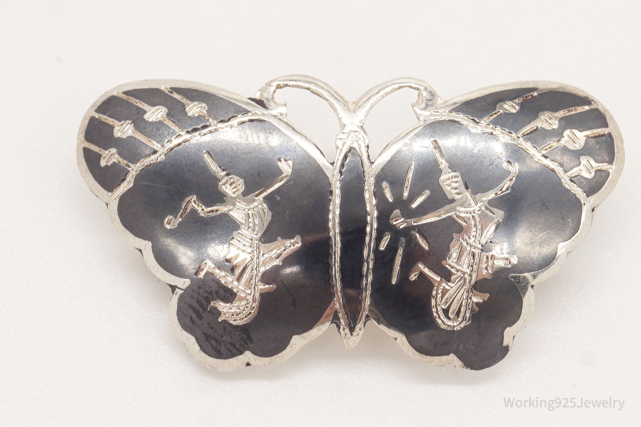 Vintage Siam Black Enamel Goddess Butterfly Sterling Silver Brooch Pin Pendant