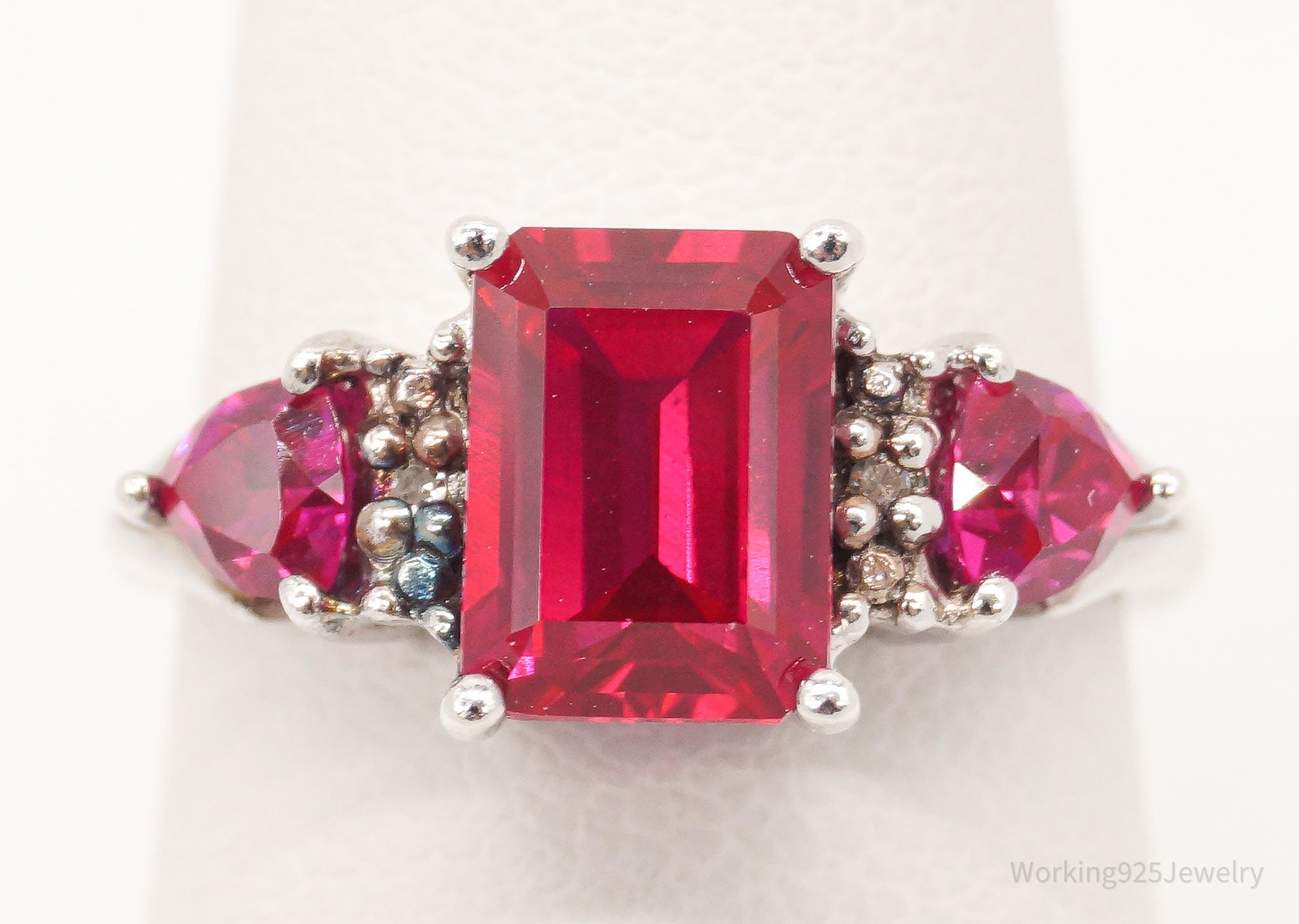 Vintage Ruby Two Diamond Sterling Silver Ring - Size 6