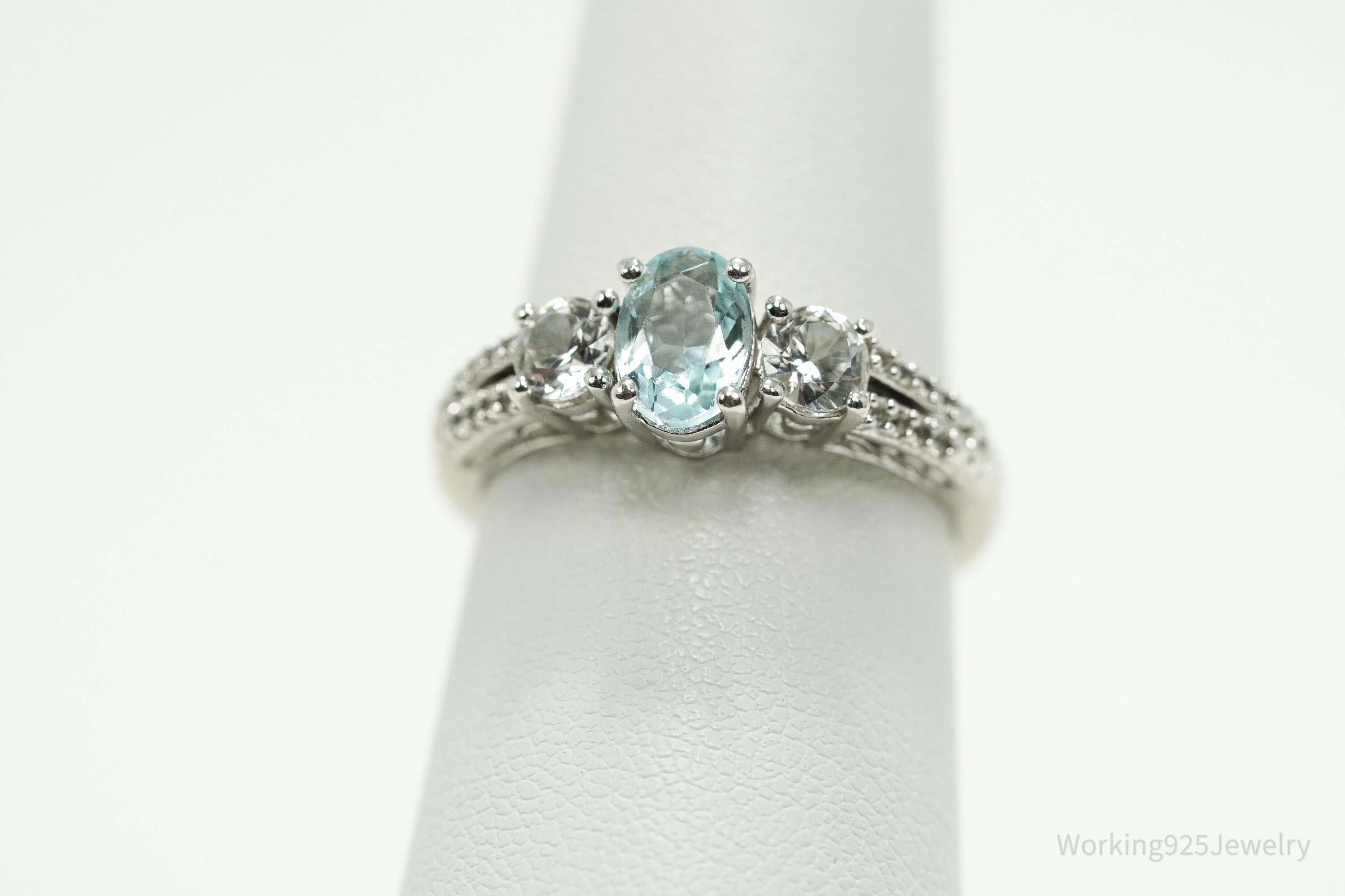 Vintage Blue Topaz & Cubic Zirconia Sterling Silver Ring - Size 7