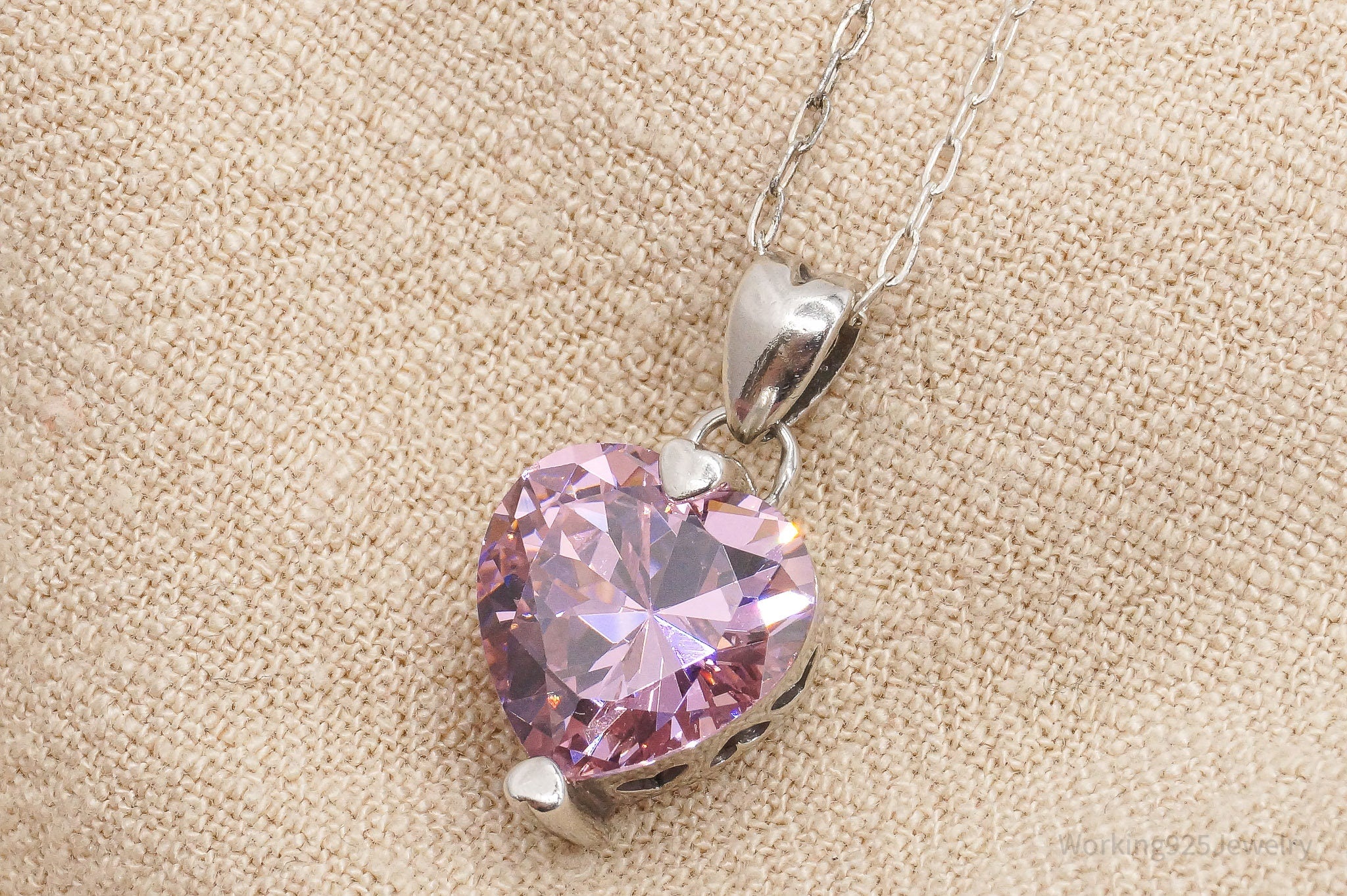 Vintage Pink Cubic Zirconia Heart Sterling Silver Necklace 20"