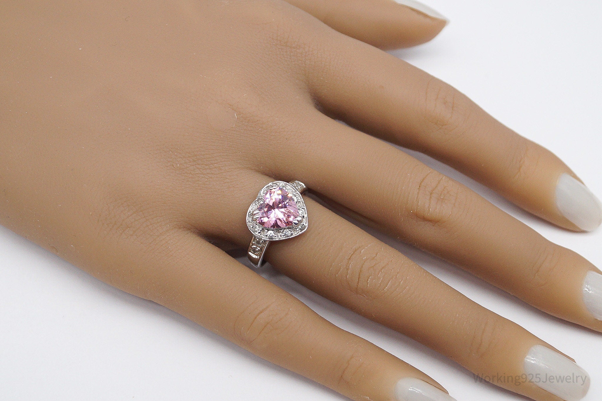 Vintage Pink & White Cubic Zirconia Rhodium Over Sterling Silver Ring - Size 8