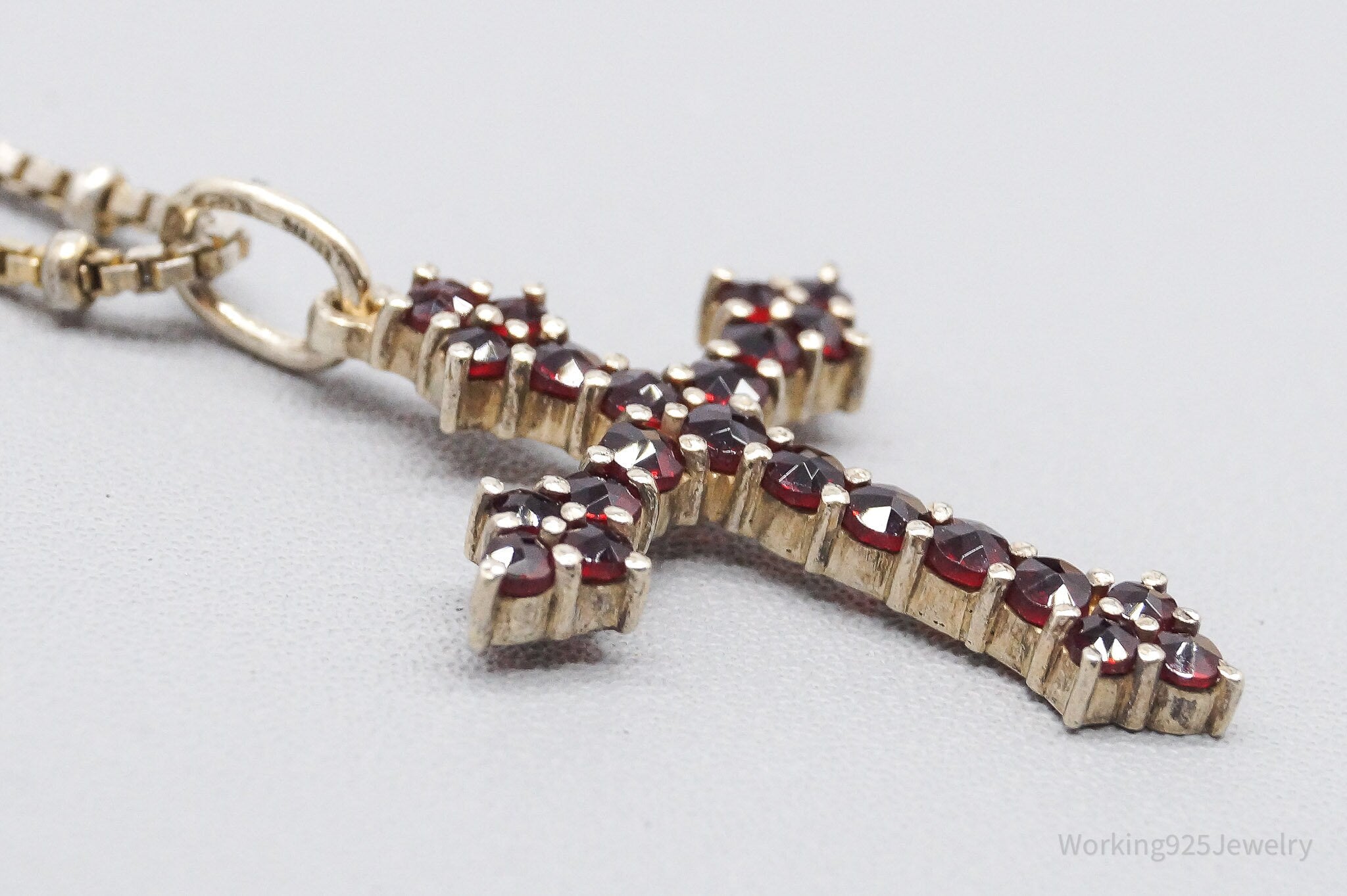 Antique Bohemian Garnet Gold Silver Cross Pendant Sterling Silver Necklace 18"