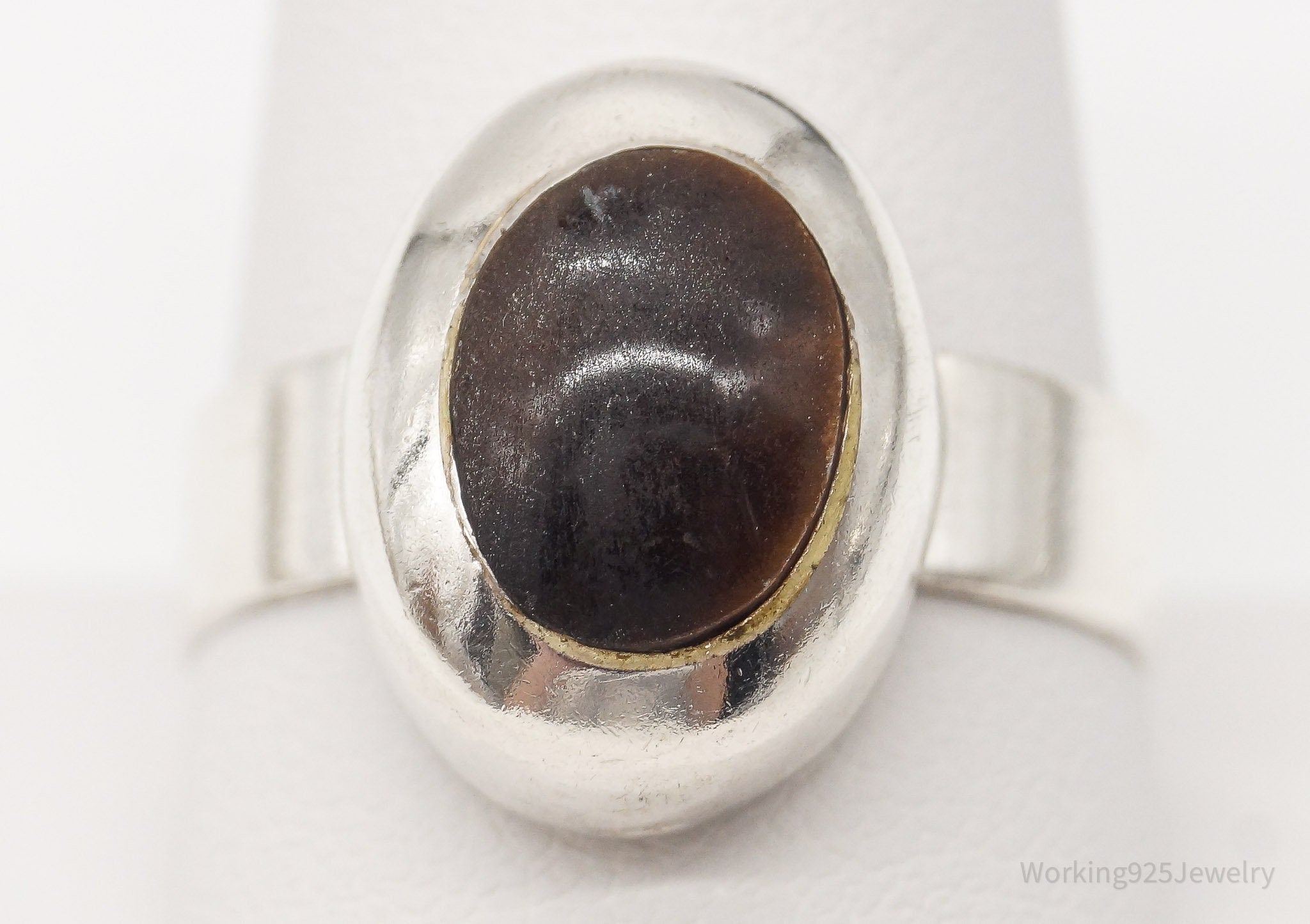 Vintage Mexico Tigers Eye Modernist Style Sterling Silver Ring - Size 11.25