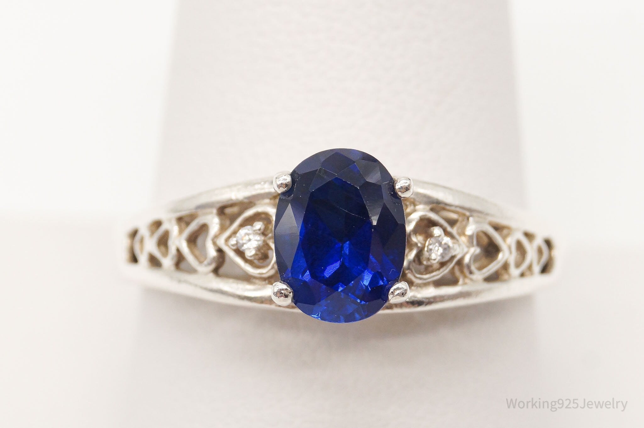 Vintage Blue Lab Sapphire Cubic Zirconia Sterling Silver Ring - Size 10