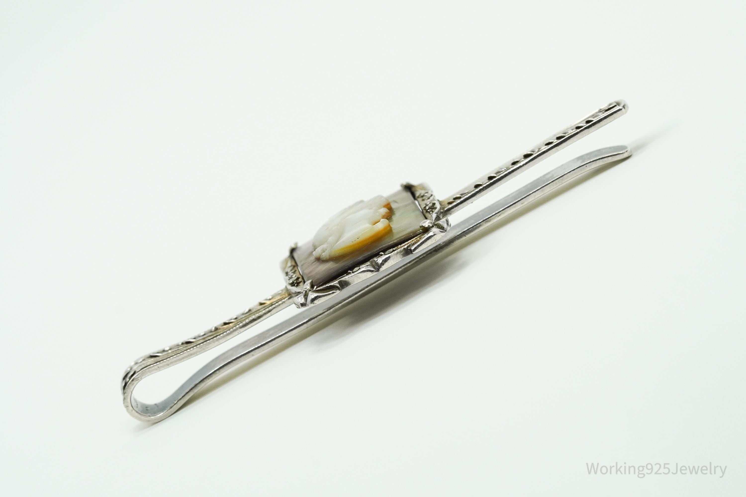 Antique Victorian 800 Silver Mother of Pearl Cameo And Marcasite Warrior Tie Clip