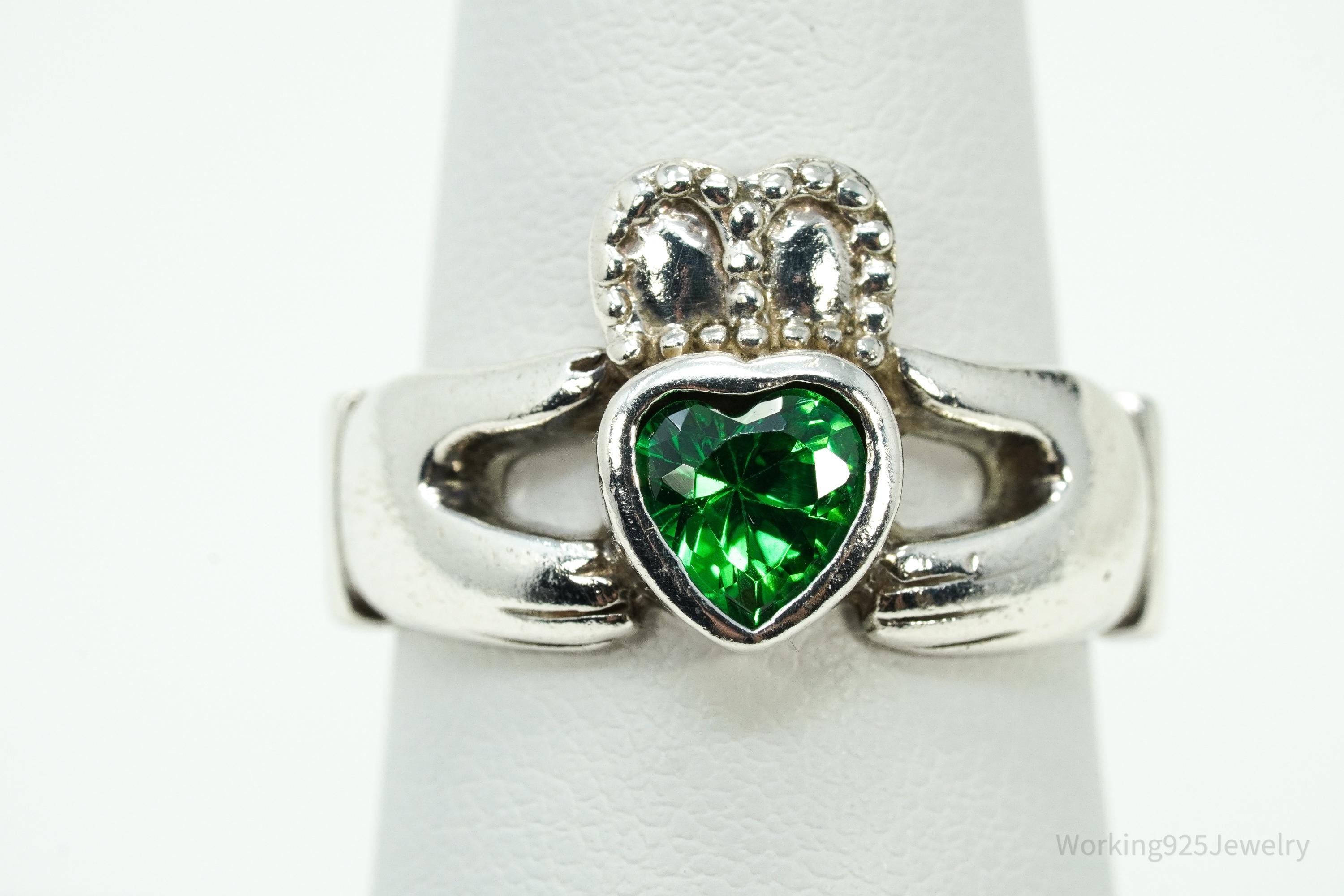 Vintage Green Tourmaline Heart Claddagh Sterling Silver Ring - Size 7.75