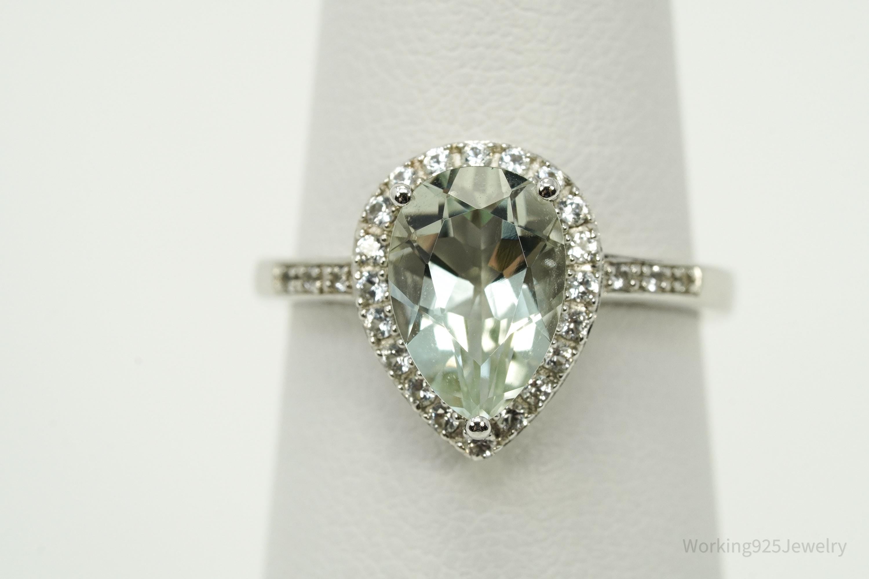 Vintage Green Prasiolite & White Topaz Sterling Silver Ring - Size 6