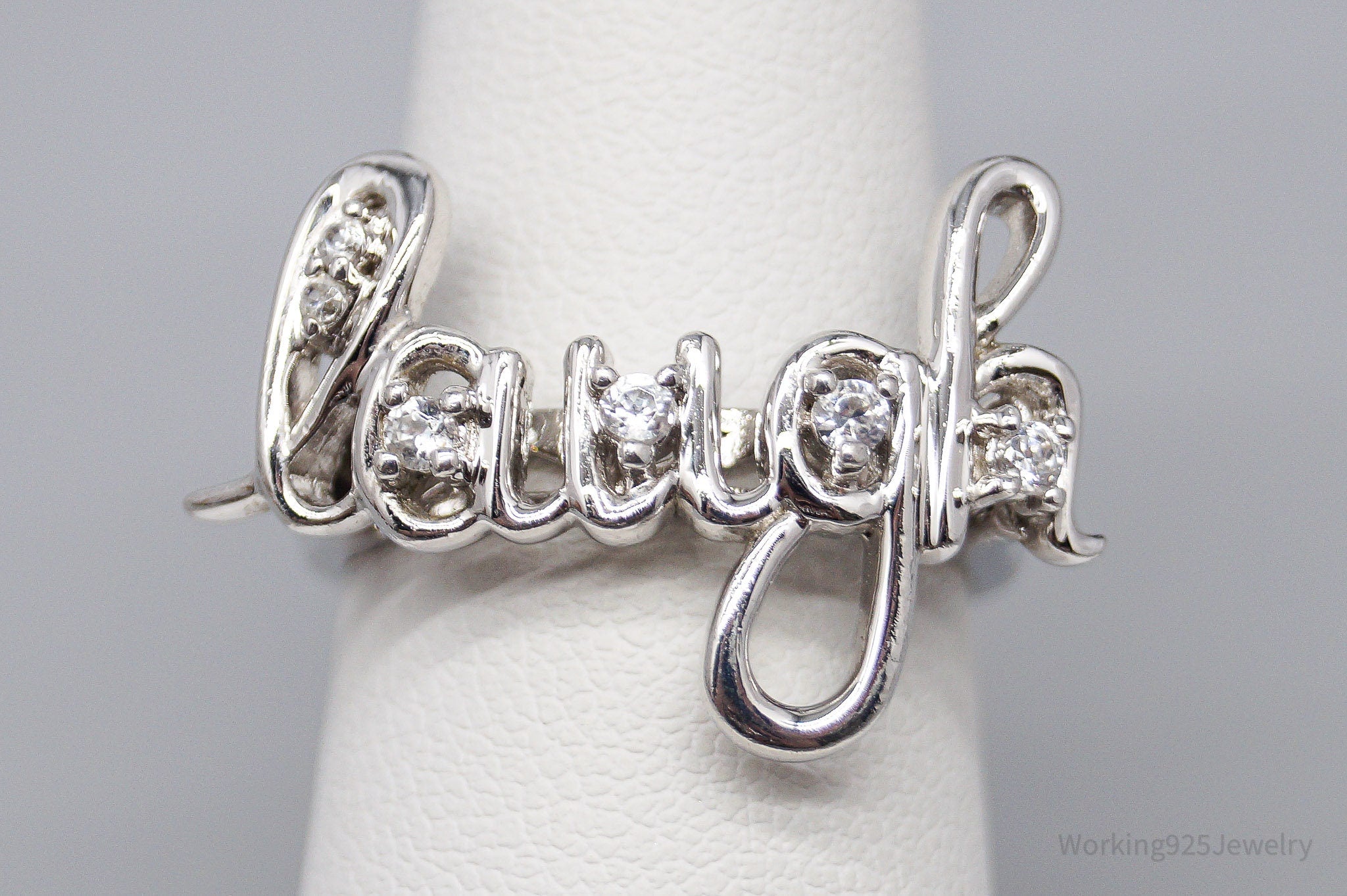 Vintage Cursive "Laugh" Cubic Zirconia Sterling Silver Ring - Size 7