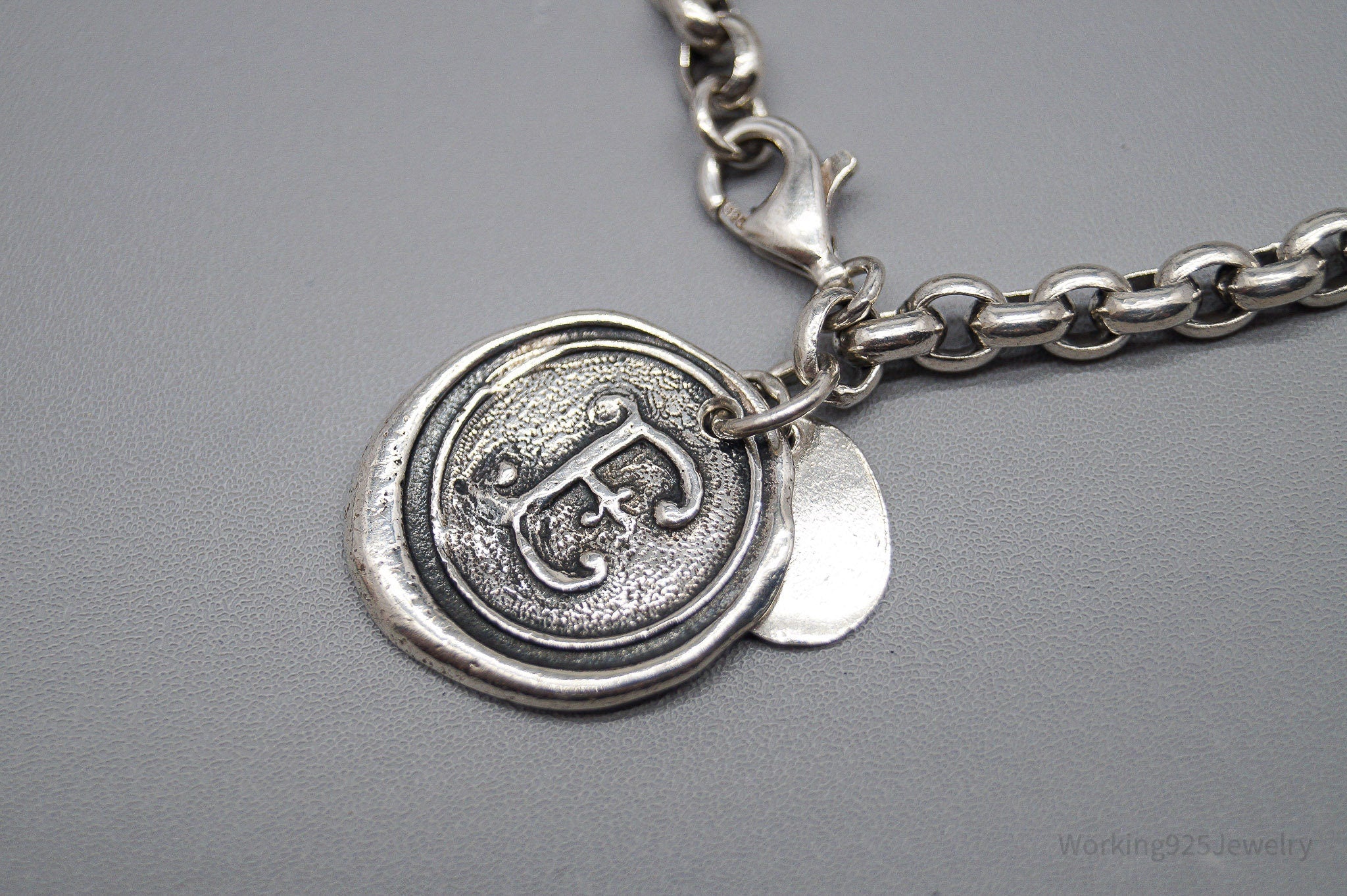 Vintage Designer Cursive E Sterling Silver Chain Bracelet - 7 5/8"