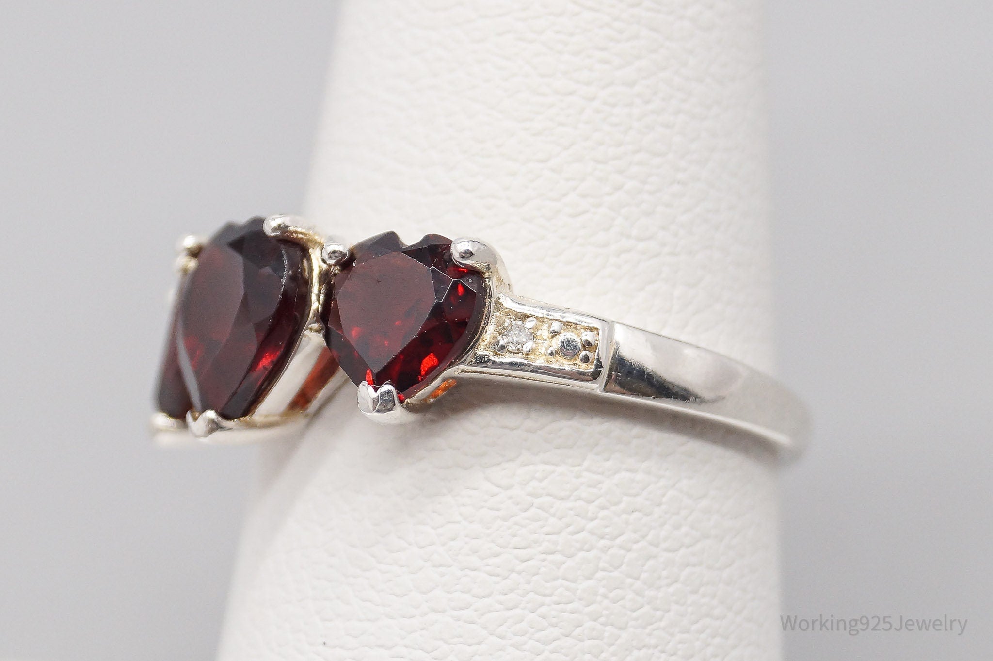 Vintage Garnet Hearts & Cubic Zirconia Sterling Silver Ring - Size 6.75