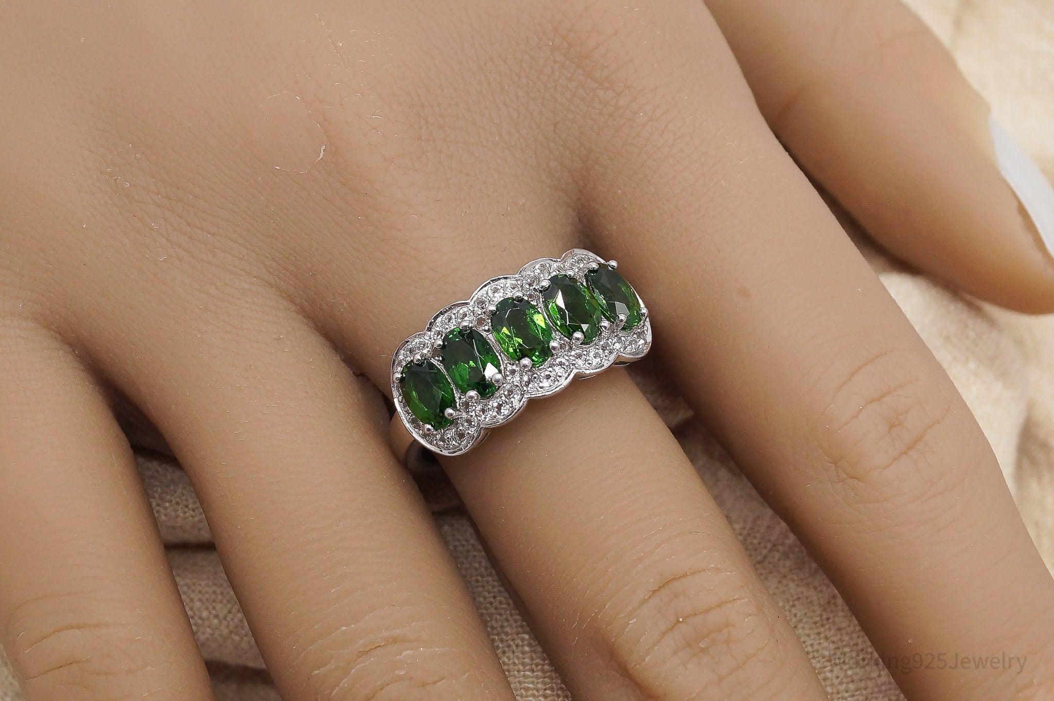 Green Chrome Diopside White Topaz Sterling Silver Ring - Size 9.75