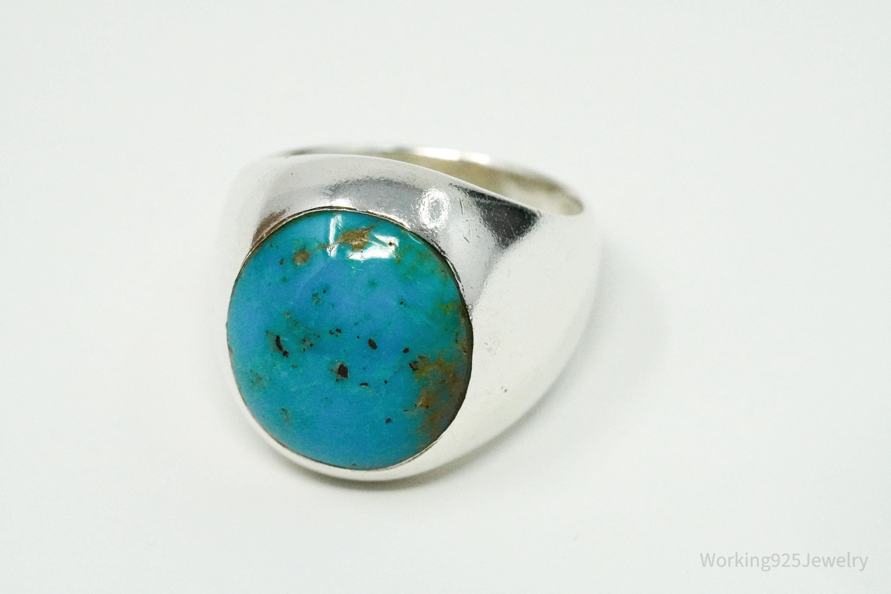 Vintage Blue Turquoise Inlay Silver Ring - Size 8.25