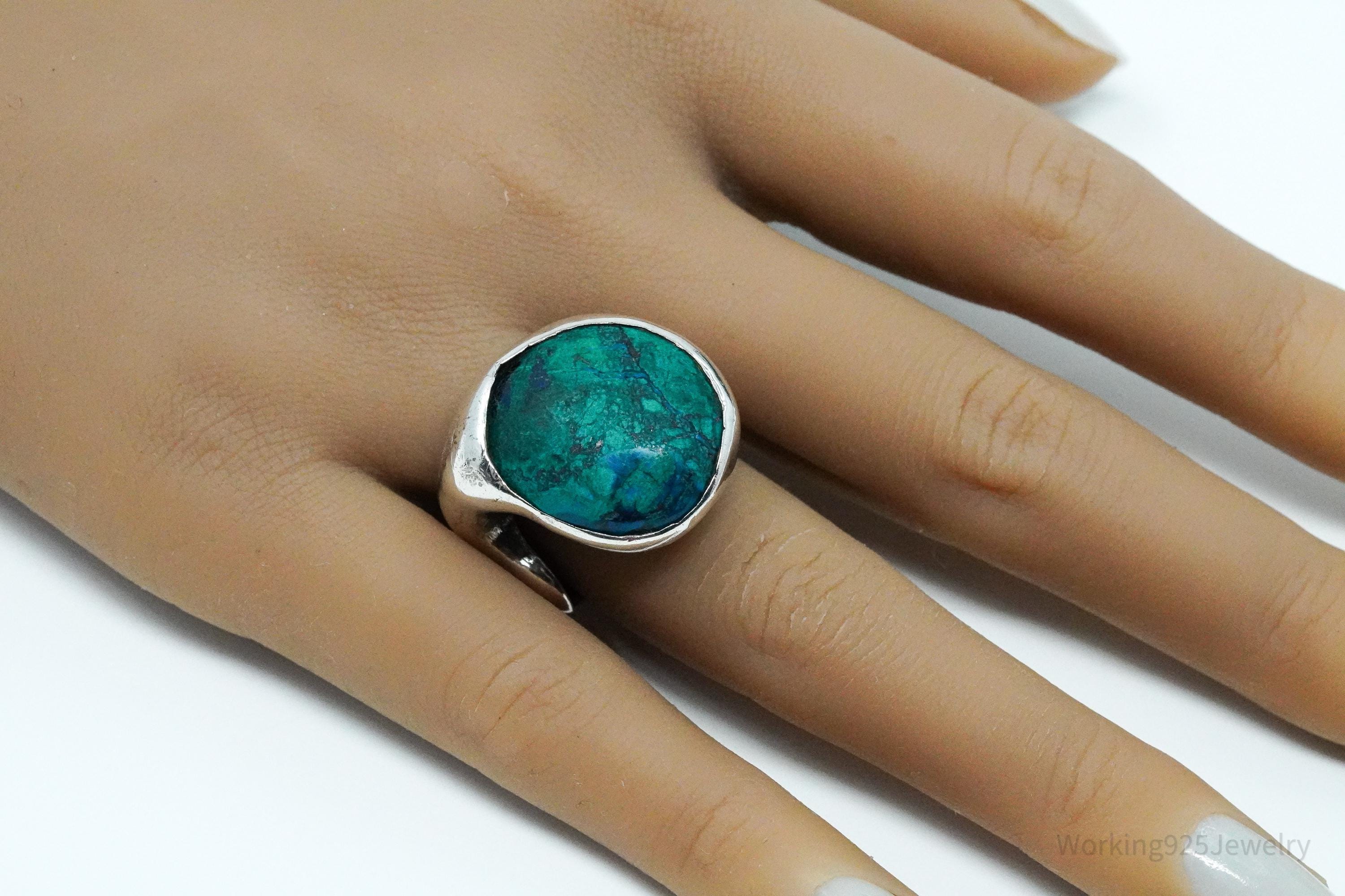 Vintage Azurite Malachite Modernist Style Silver Ring - Size 6.5