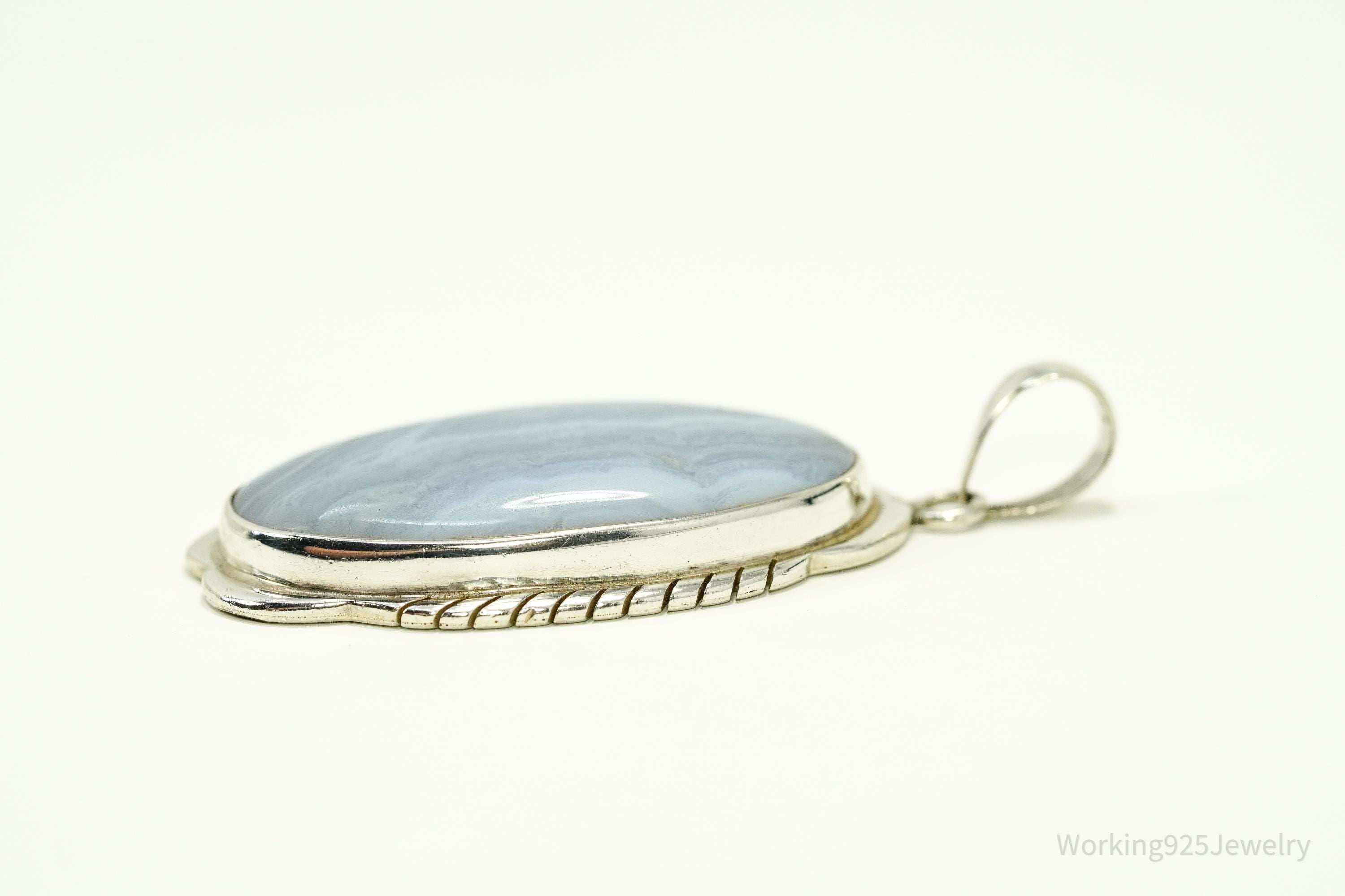 Large Vintage Blue Lace Agate Sterling Silver Pendant