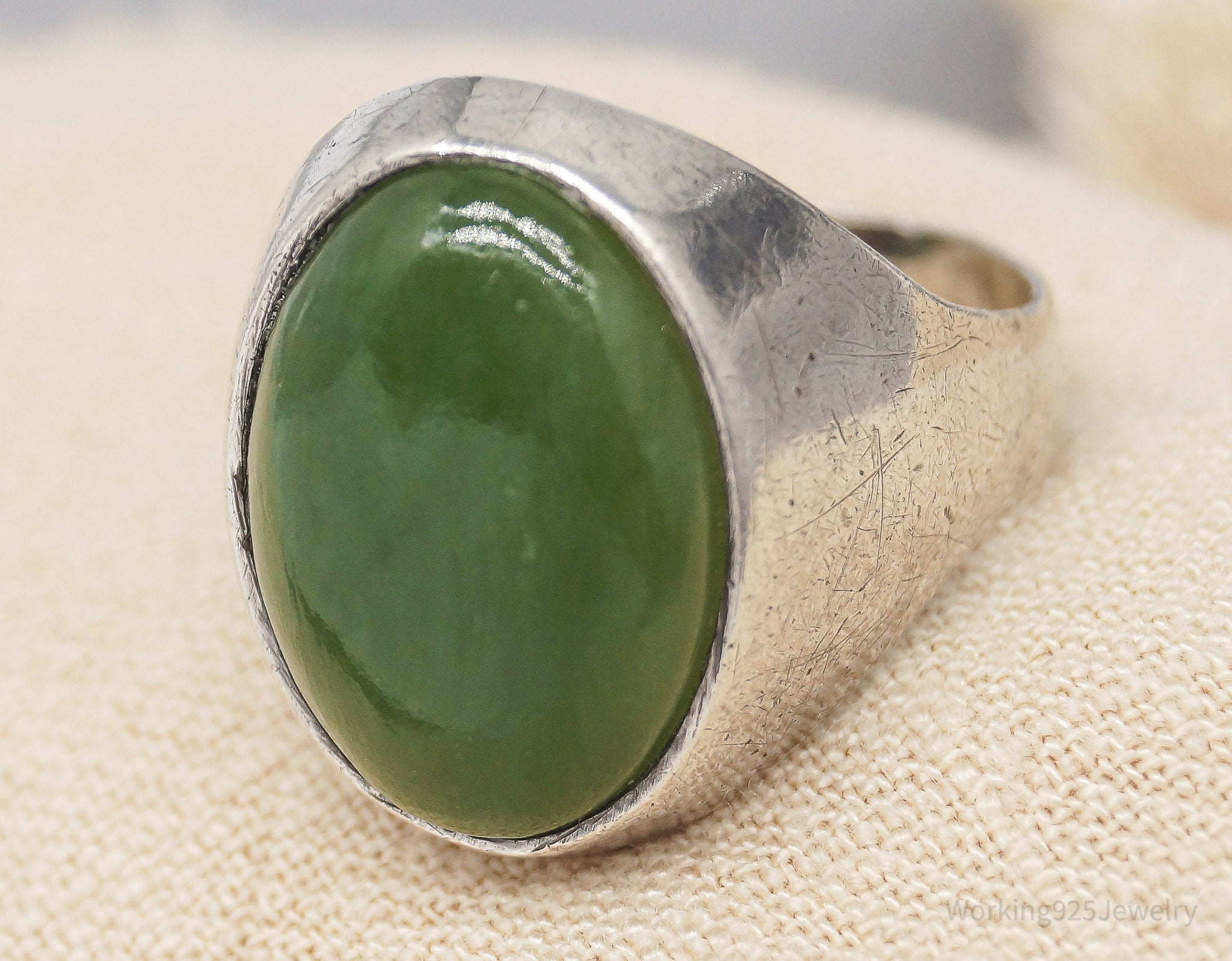 Antique Nephrite Jade Sterling Silver Ring - Size 10