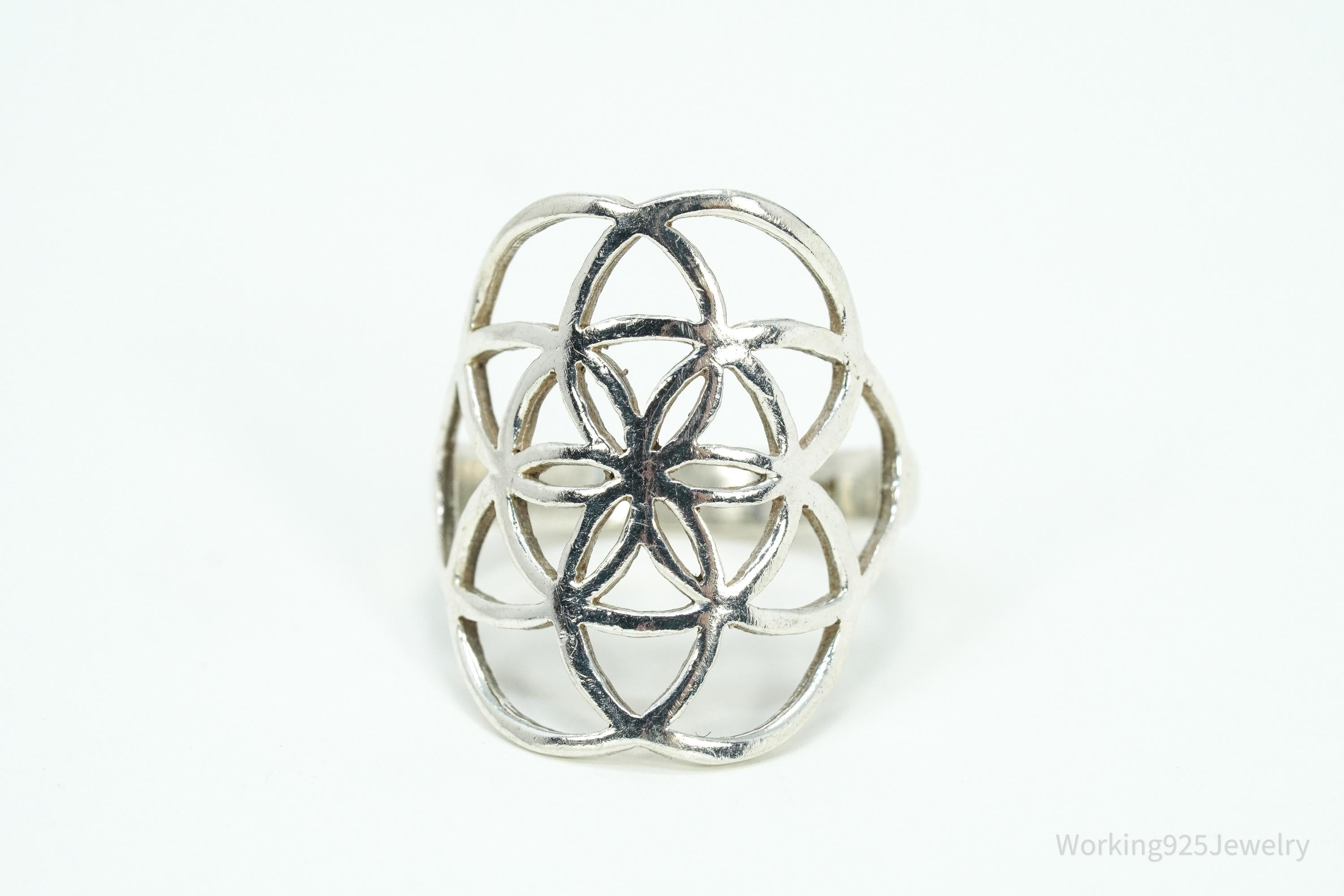 Vintage Flower Seed Of Life Sterling Silver Ring - Size 6