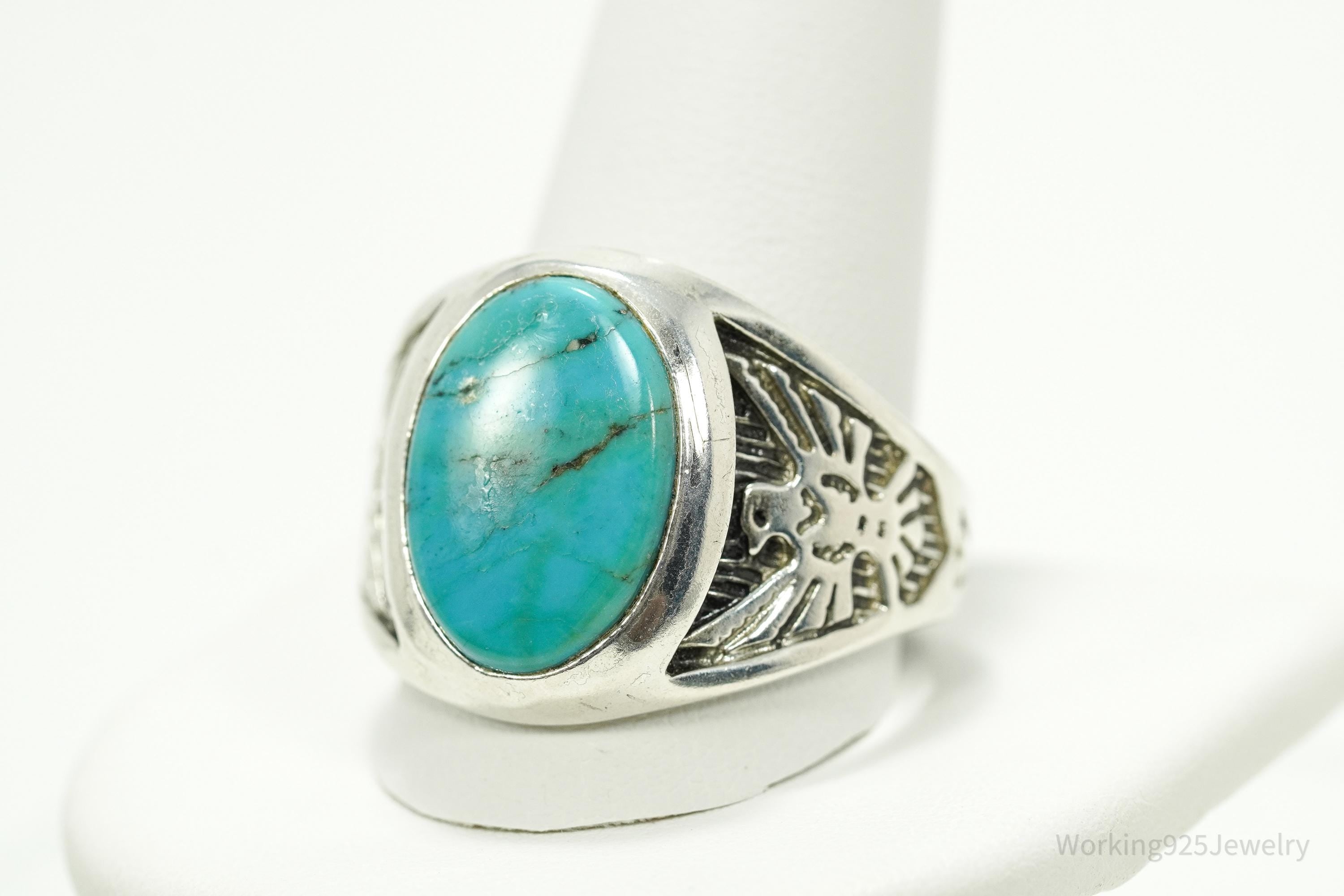 Vintage WMCO Turquoise ThunderBird Design Sterling Silver Ring - Size 15