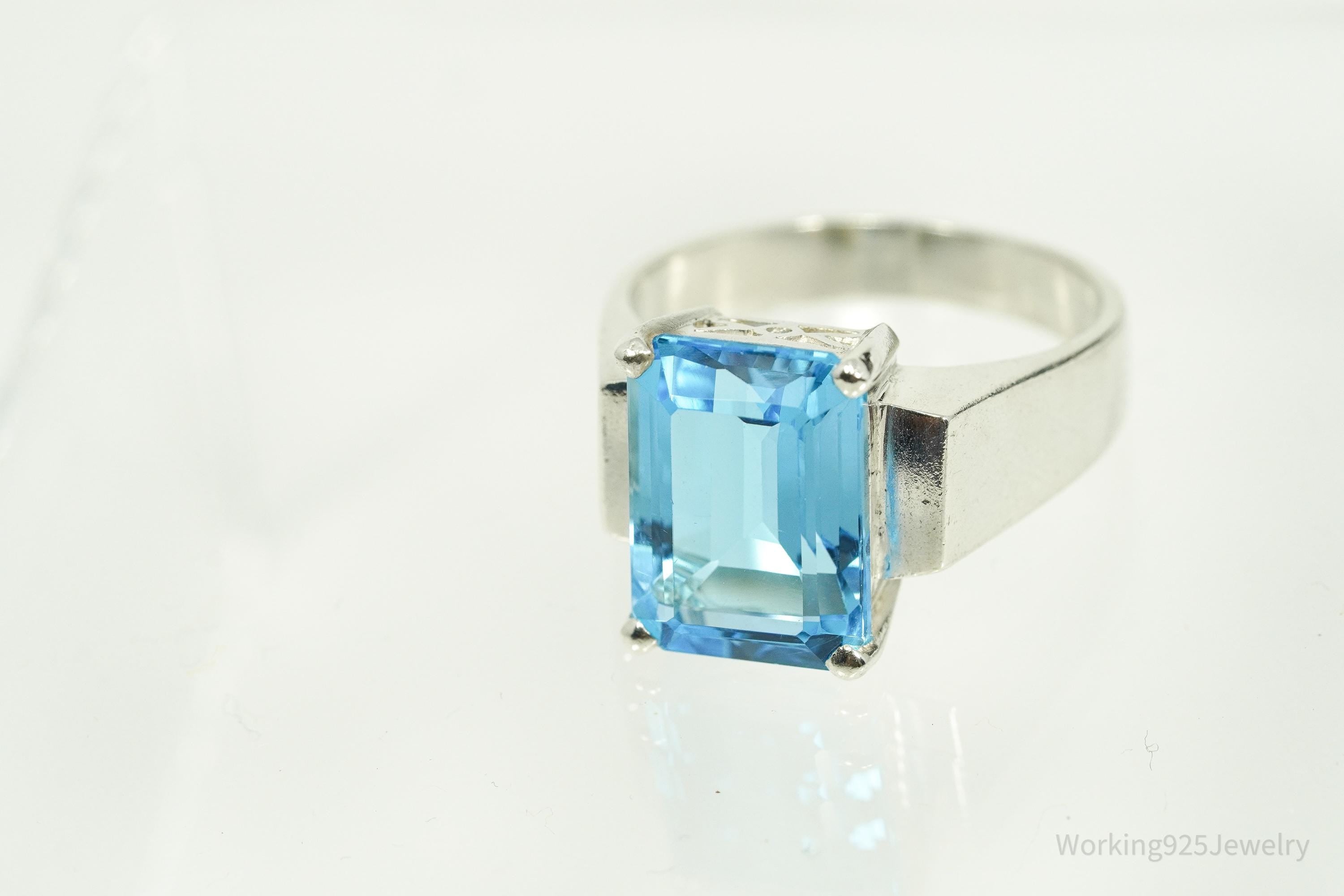 Vintage Large Blue Topaz Sterling Silver Ring - Size 10