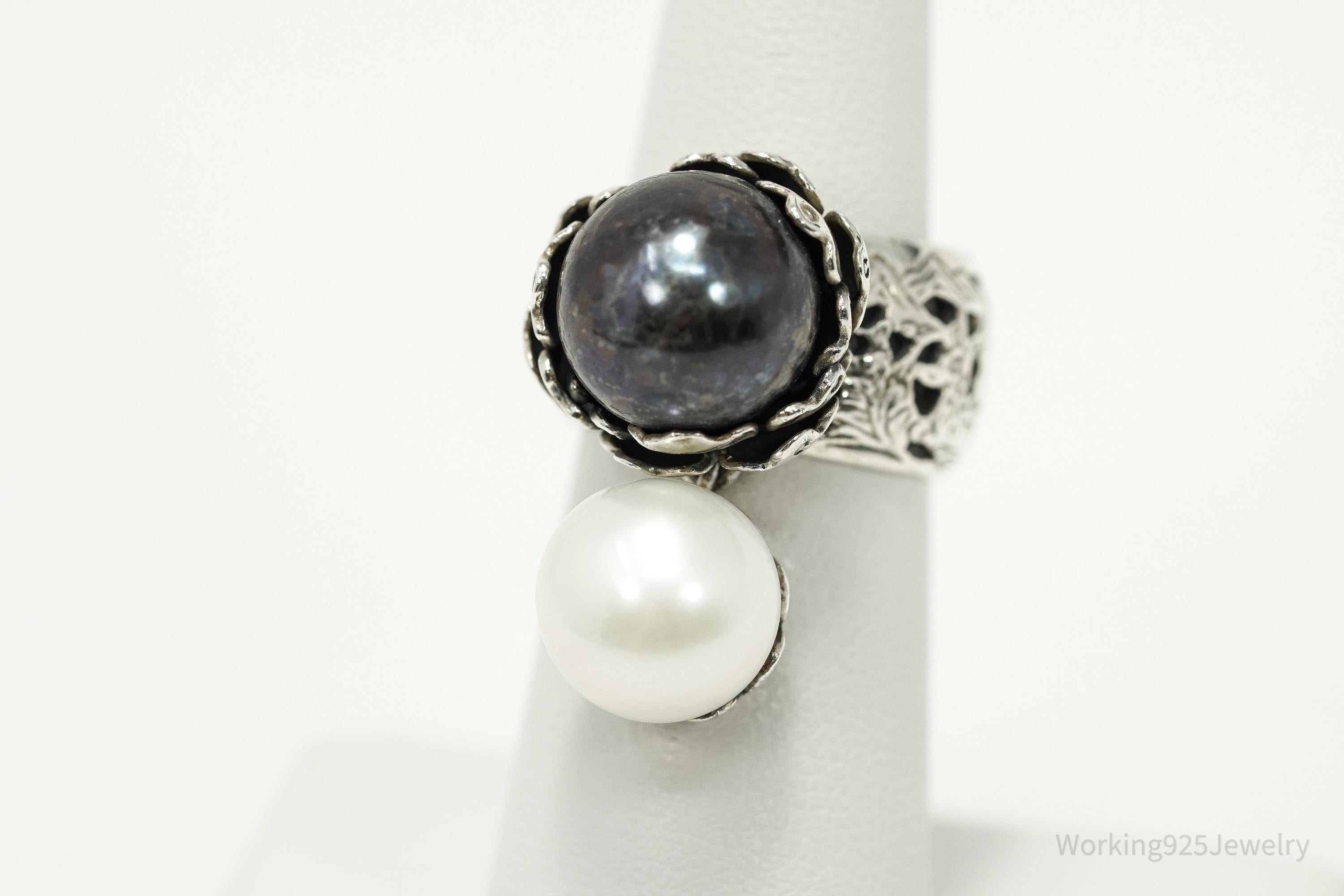 Vintage White & Tahitian Pearl Silver Ring Size 5.75