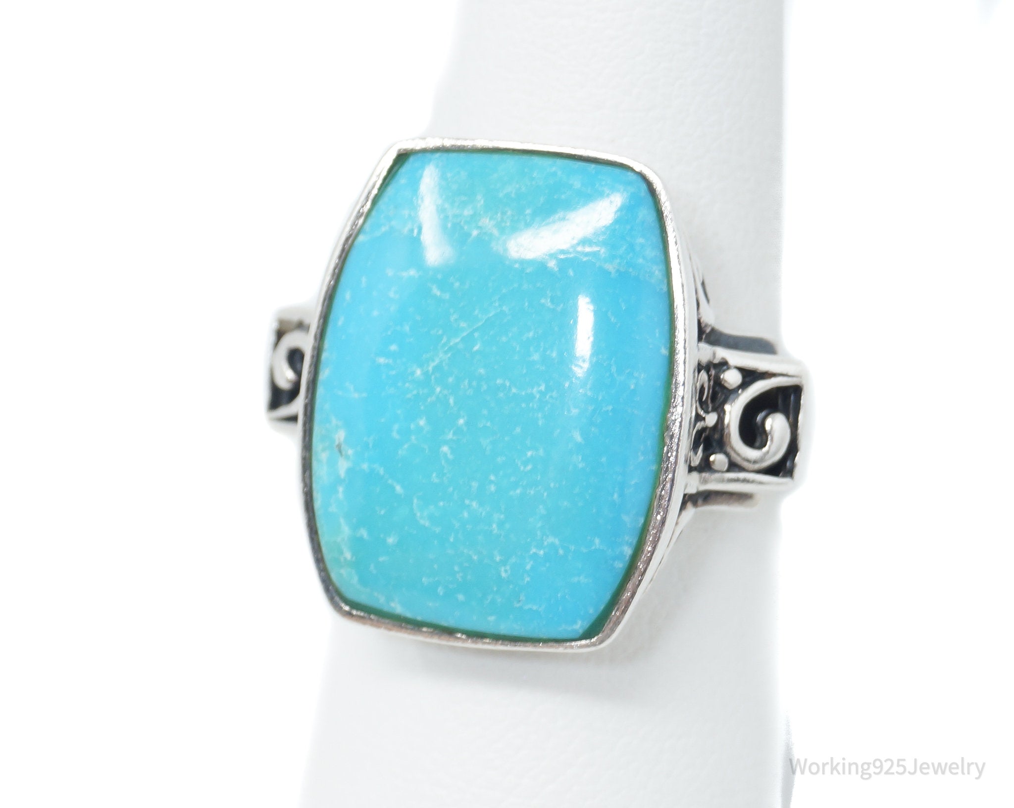 Vintage Large Turquoise Scroll Sterling Silver Ring - Size 8.75