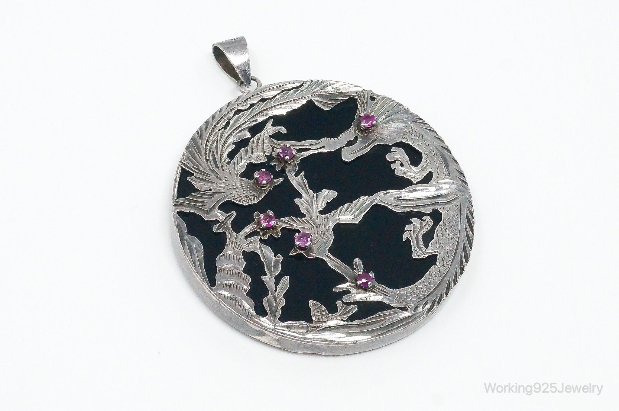 Vintage Large Ruby Black Onyx Etched Birds In Nature Sterling Silver Pendant